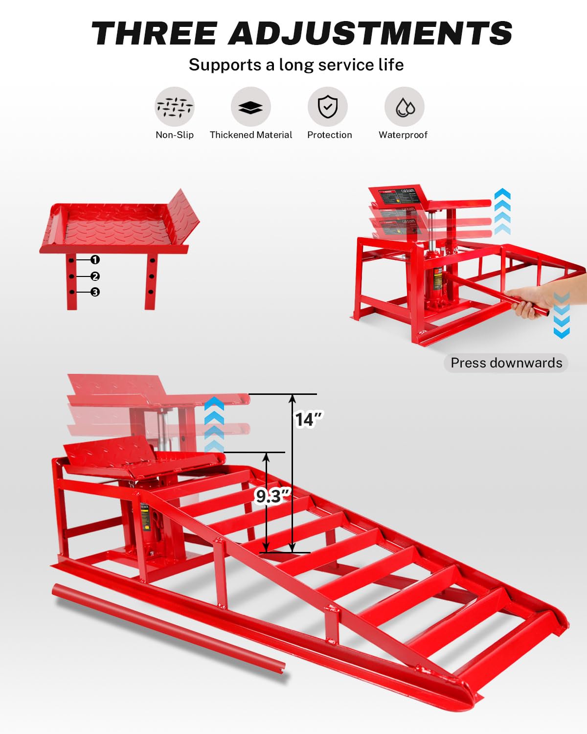 Garvee Hydraulic Car Ramps - 5T Capacity, Adjustable Height (9.3"-14"), Steel with Anti-Slip Plate, Ring Chain Bolt for Cars, SUVs, and Light Trucks, Red