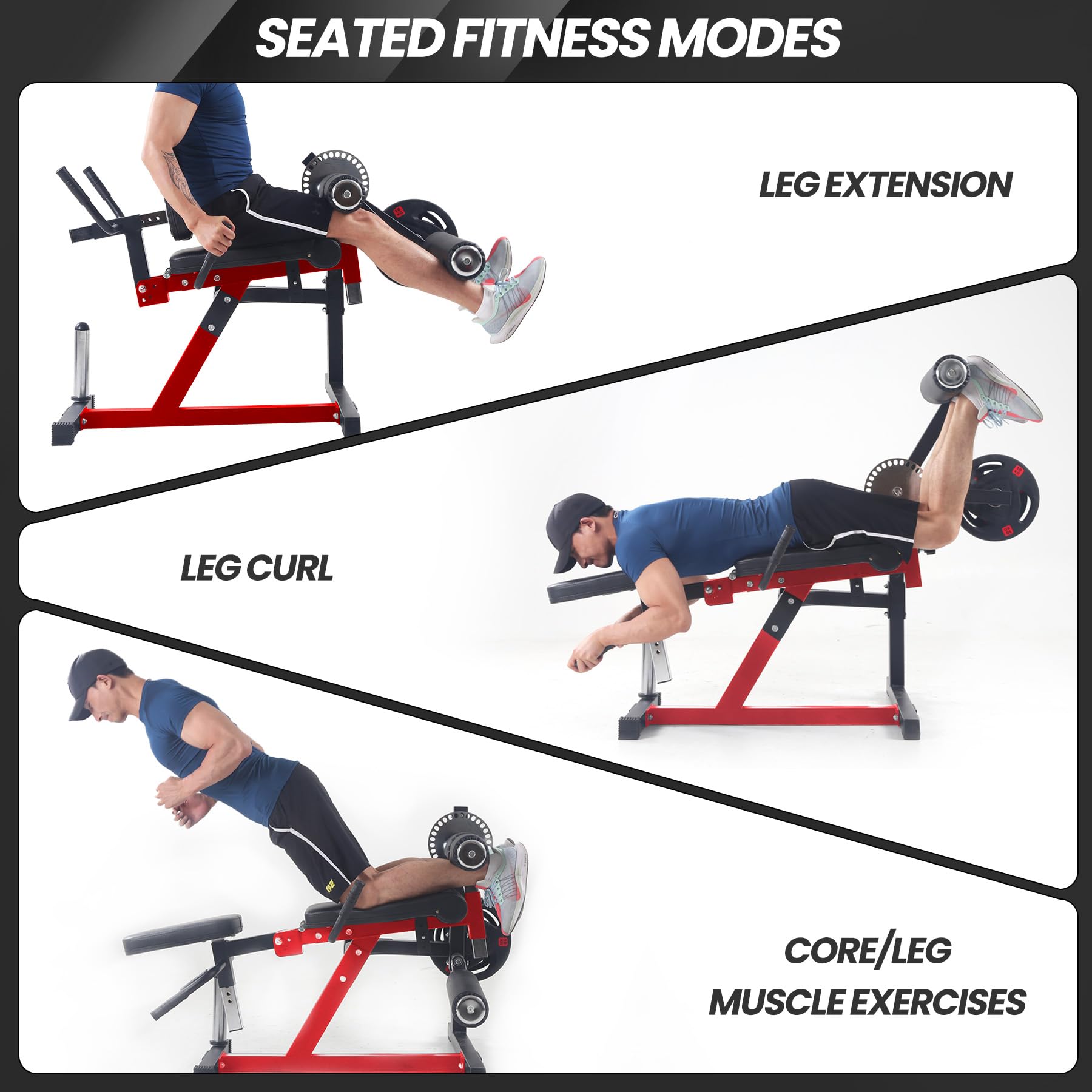 Garvee 4-in-1 Leg Extension and Curl Machine, Adjustable Leg Press Machine for Lower Body Workouts, Multi-Function Heavy-Duty Leg Extension Bench with Plate Loaded for Home Gym, Black and Red