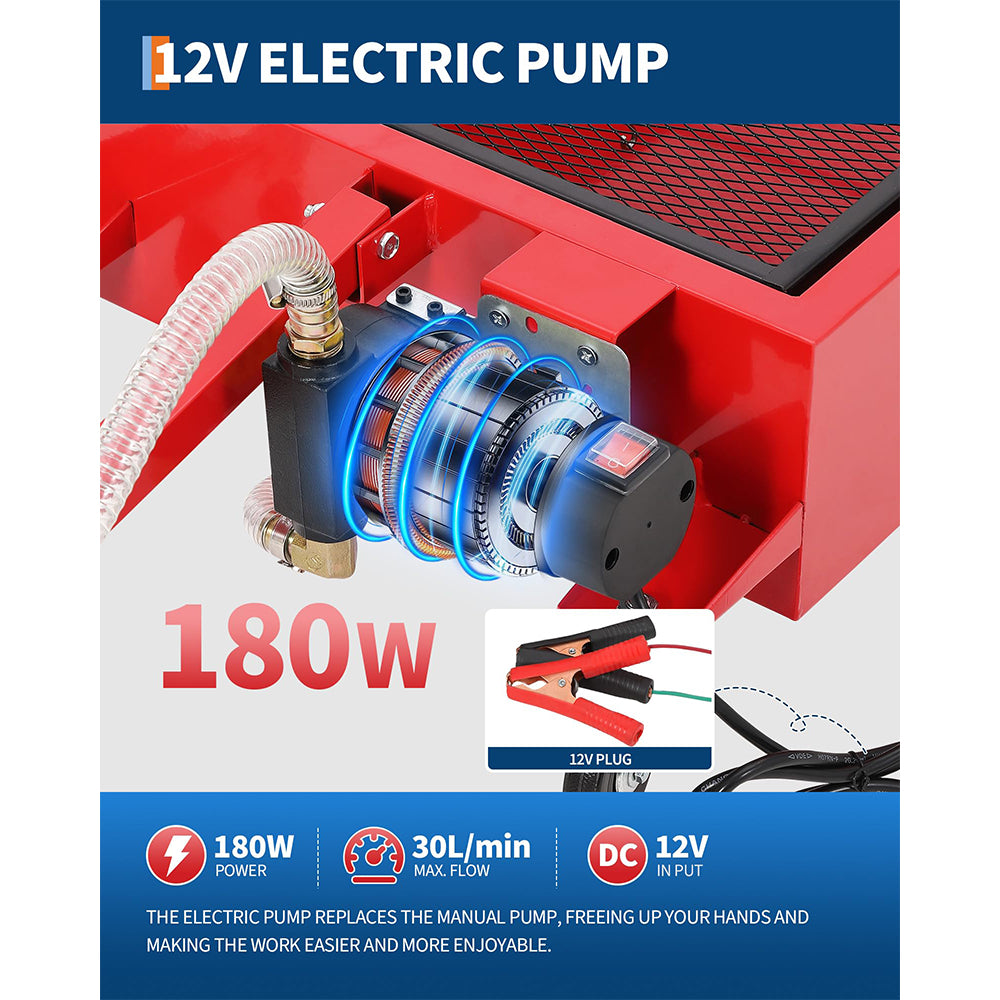 Garvee Low Profile Oil Drain Pan 20 Gallon with 12V Electric Pump, Folding Handle, Carbon Steel, 8FT Hose, Wheels, for Cars and Trucks