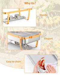 Garvee 8QT Chafing Dish Buffet Set (4-Pack) - Foldable Food Warmers with Spoons & Tweezers for Weddings, Parties, Banquets, and Catering Events (Gold)