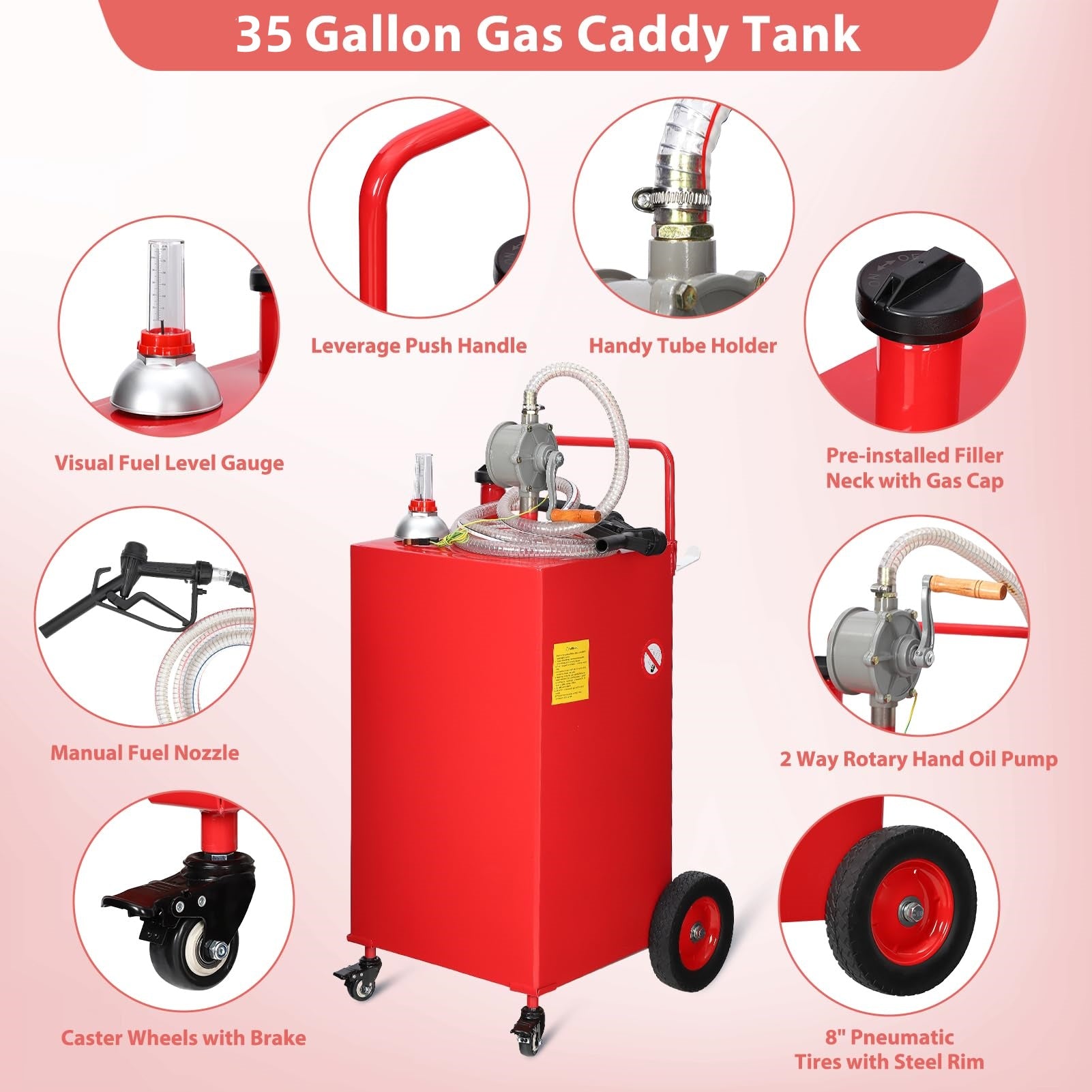 Garvee 35-Gallon Fuel Caddy, Stainless Steel with Manual Transfer Pump, 4-Wheel Mobile Design for Cars, Trucks, Boats, and Lawn Mowers, Red