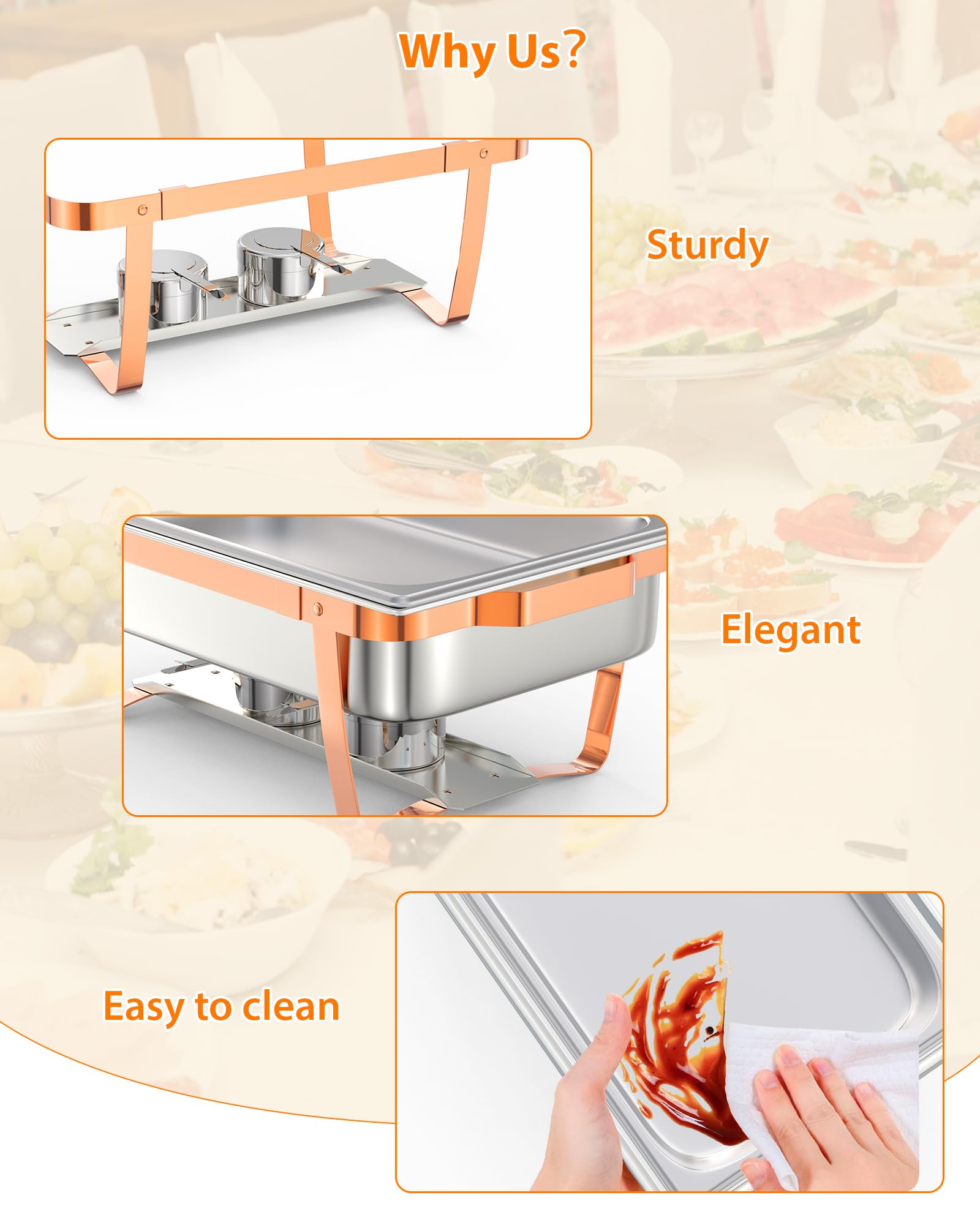 Garvee Chafing Dish for Buffet Set, 6 Packs 8 Qt Chafers and Buffet Warmers Sets with Folding Frame, Spoon & Tweezer for Weddings Parties Banquets Catering Events, Rose Gold