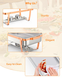 Garvee Chafing Dish for Buffet Set, 6 Packs 8 Qt Chafers and Buffet Warmers Sets with Folding Frame, Spoon & Tweezer for Weddings Parties Banquets Catering Events, Rose Gold