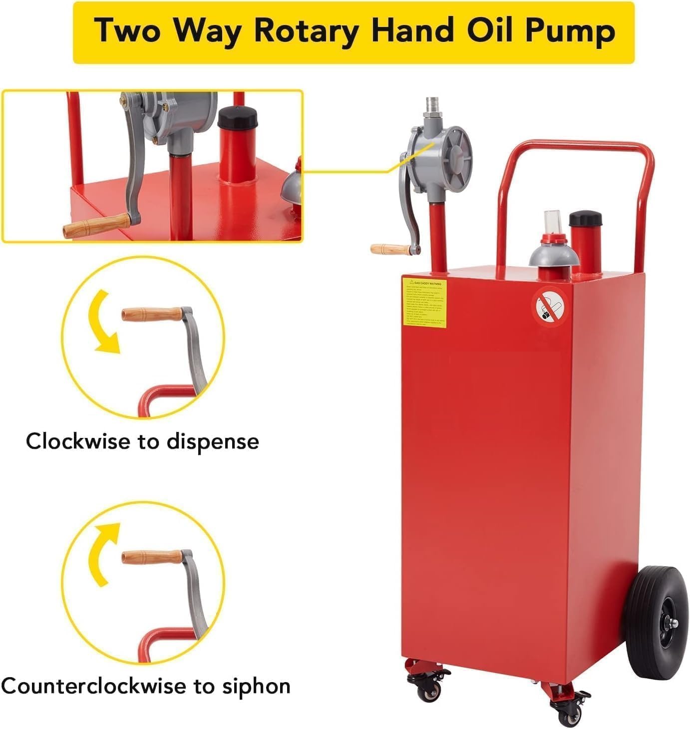 Garvee 30 Gallon Fuel Gas Caddy with 8 Inch Wheels Siphon Pump, Manual Nozzle 360° Swivel Connector, Portable for Car Mower Tractor Boat Motorcycle, Red