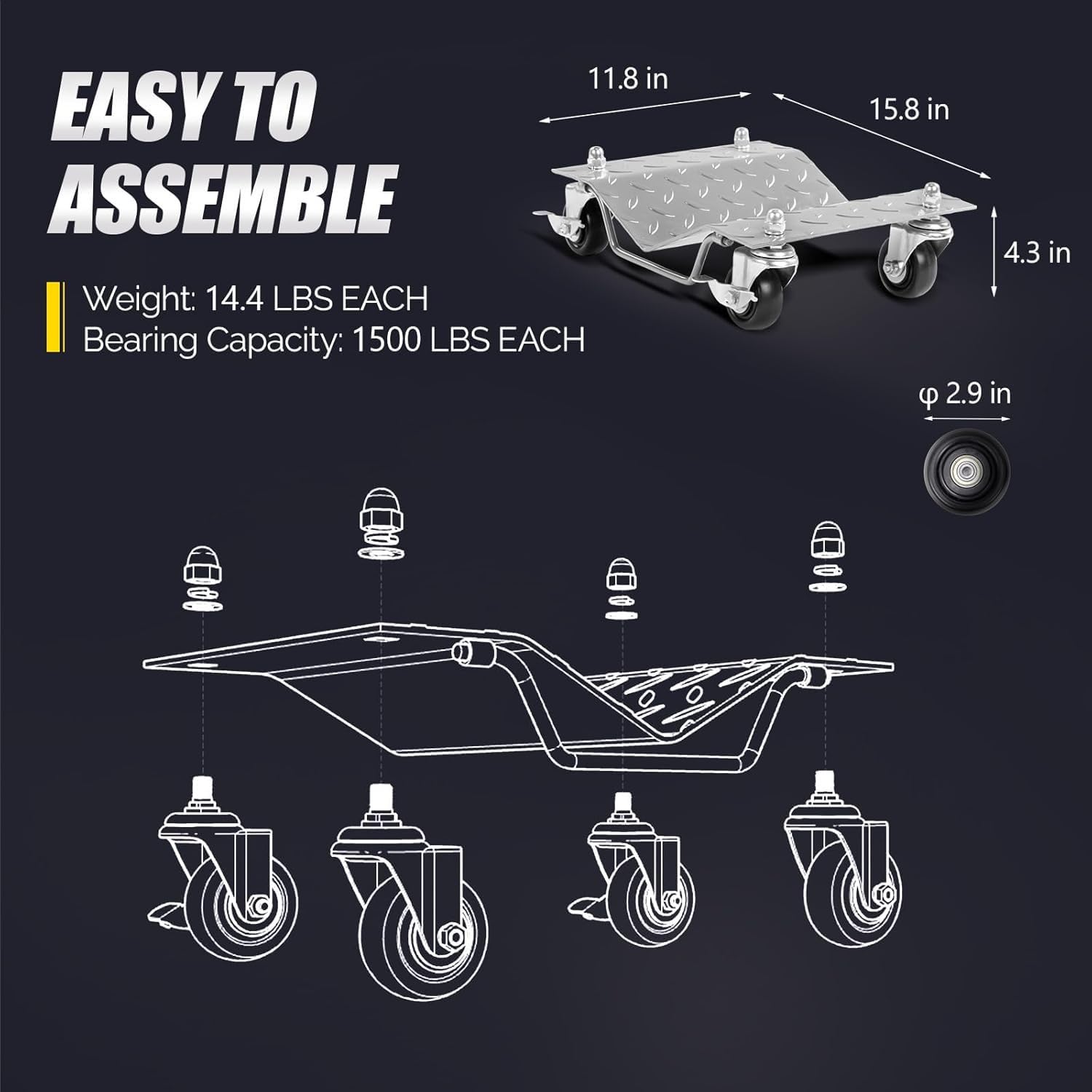 Garvee 2 Items 4 Tire Wheel Dolly Car, Premium Manganese Steel, 3000 Lbs Capacity, Heavy Duty, Antiskid & Recessed Design, 360° Rotatable Wheels, Silver