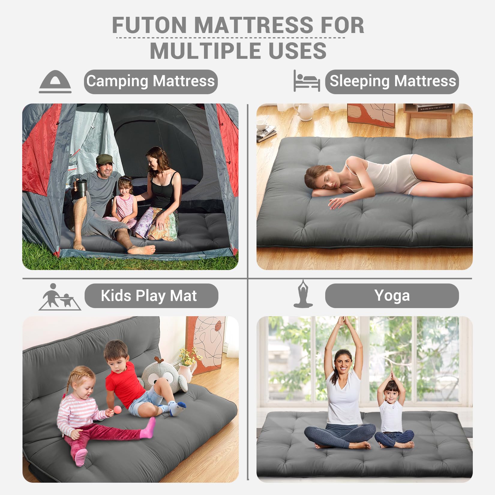 Garvee Futon Mattress, Japanese Floor Mattress Full Size Floor Mat for Sleeping Adult Size, Foldable Tatami Mattress Roll Up Floor Bed Mattress for House Guest Camping Dorm, Dark Grey
