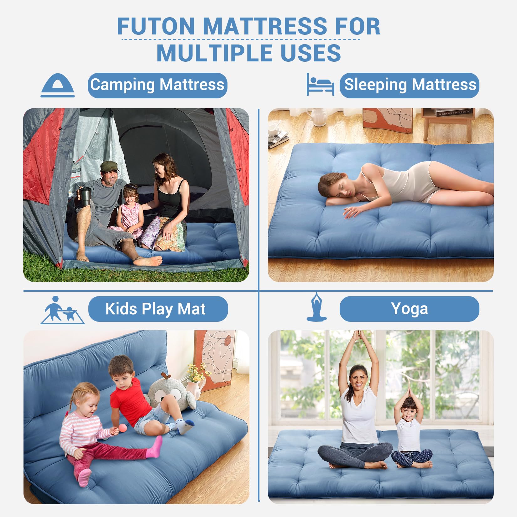 Garvee Futon Mattress, Japanese Floor Mattress Full Size Floor Mat for Sleeping Adult Size, Foldable Tatami Mattress Roll Up Floor Bed Mattress for House Guest Camping Dorm, Navy Blue