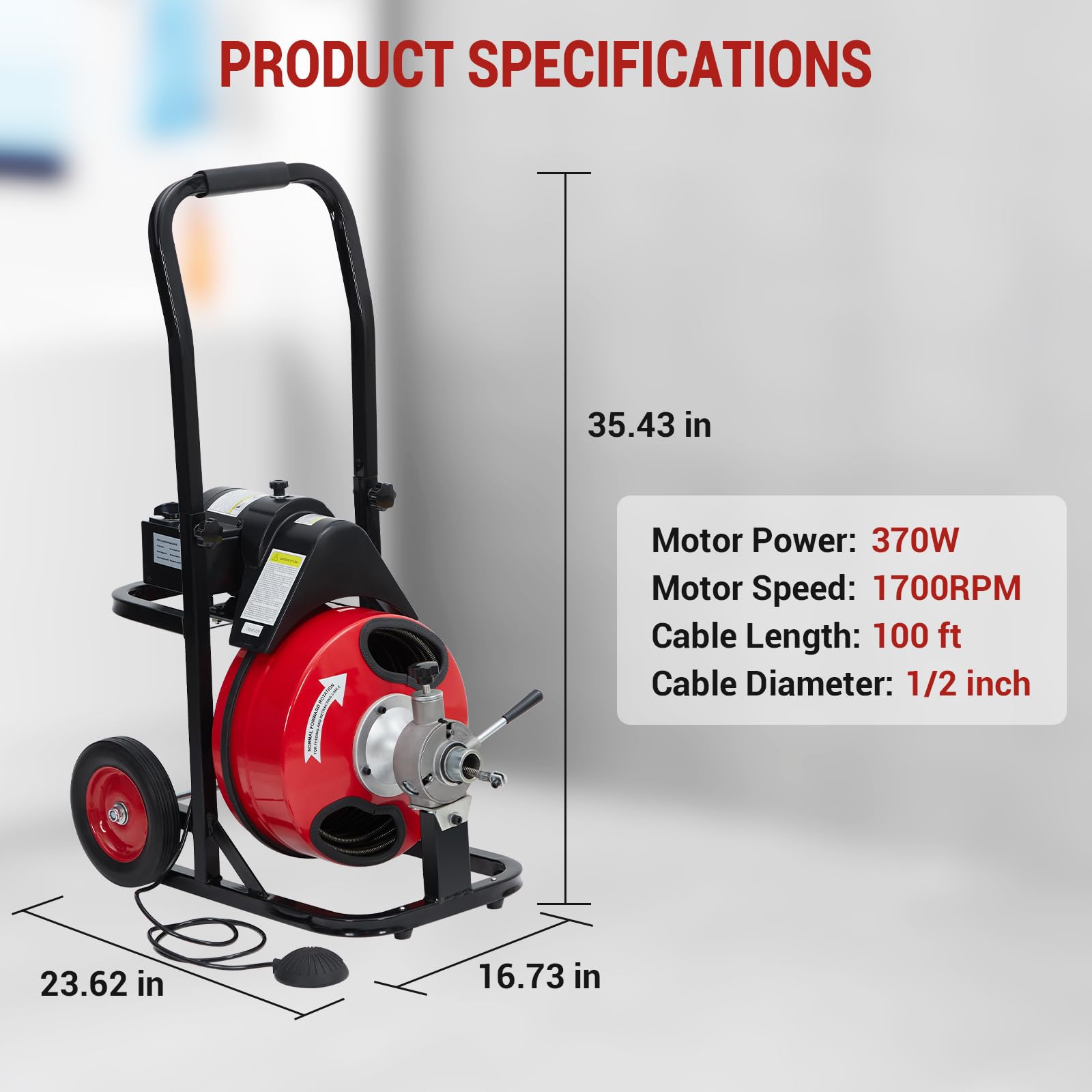 Garvee Auto Feed 100 FT x 1/2 Inch Drain Cleaner Machine with 370W Motor, Portable Sewer Snake Auger with 8 Cutters & Air-activated Foot Switch, Fits 1" to 4" Pipes, Black & Red