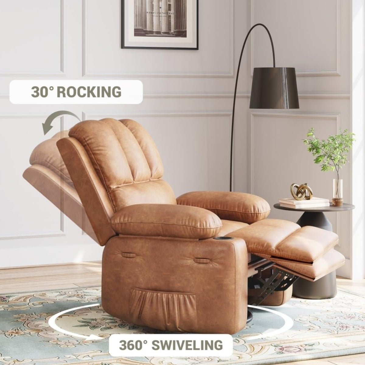 Garvee Oversized 27" Recliner Chairs with Heat and Massage, 360° Swivel Lazy Boy Recliner Chair for Adults, Manual Rocking Chair with Cup Holder for Living Rooms, Bedrooms and Nurseries, Retro Brown