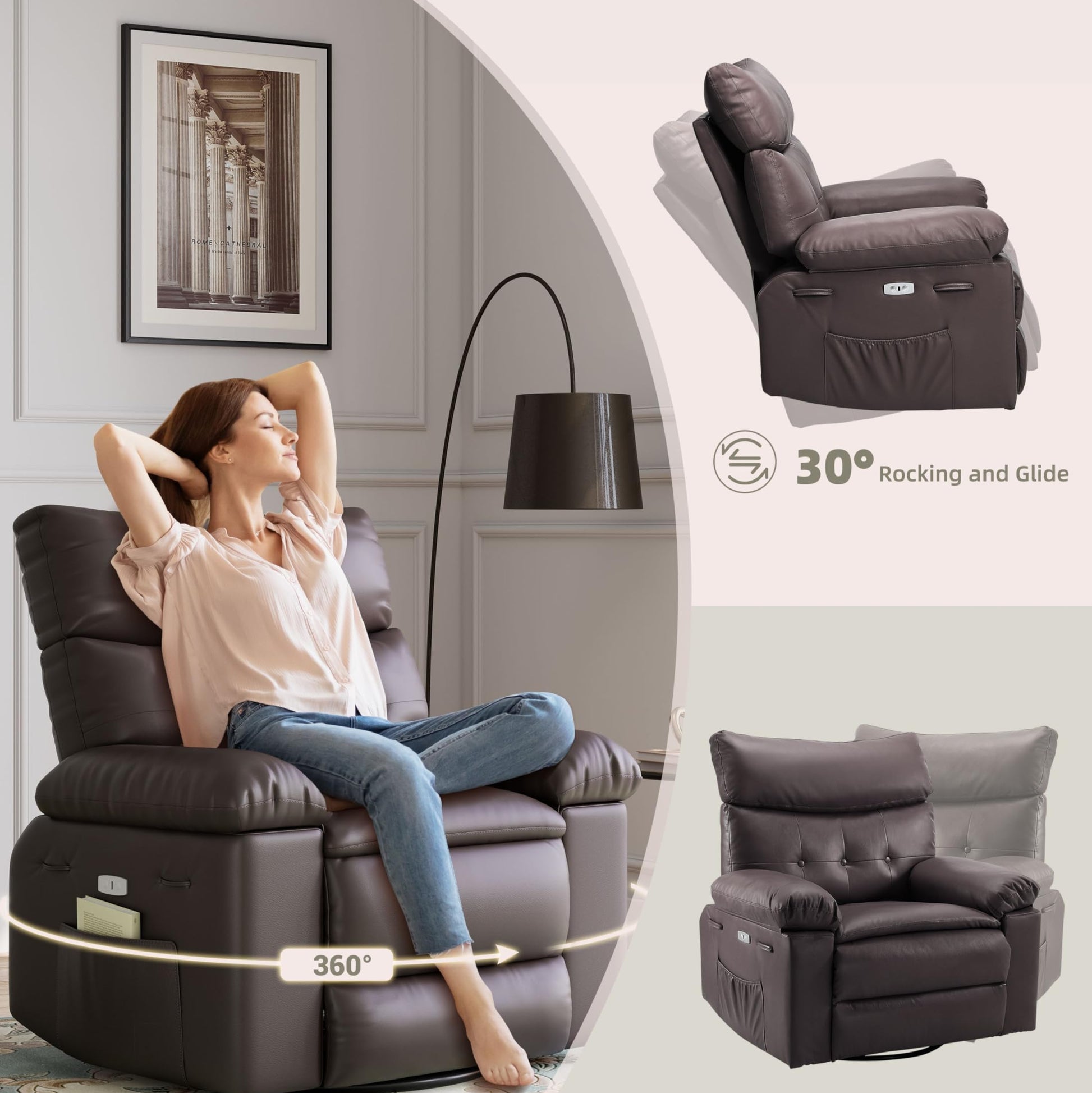 Garvee 22" Widen Rocker Swivel Recliner Chair, Lazy Boy for Adults, with Vibrating Massage and Heating, 1.5X Sponge Filling, Side Pocket, for Living Room, Bedroom, and Nursery