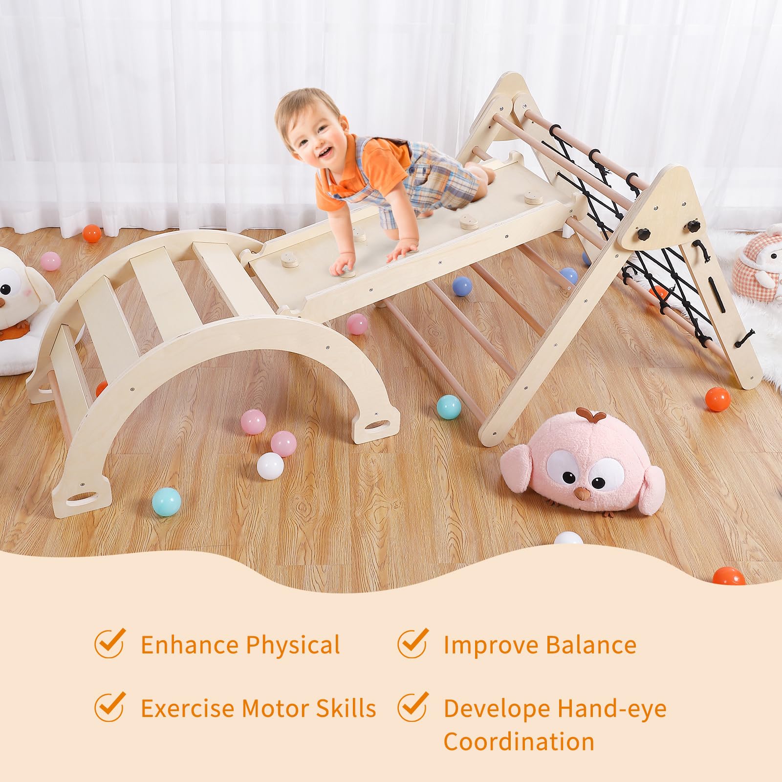 Garvee 3 in 1 Toddler Climbing Set, Jungle Gym for Toddlers - 3PCS Wooden Gym Playset with Triangle Folding Climbing Structure for Indoor Climbing and Sliding Fun