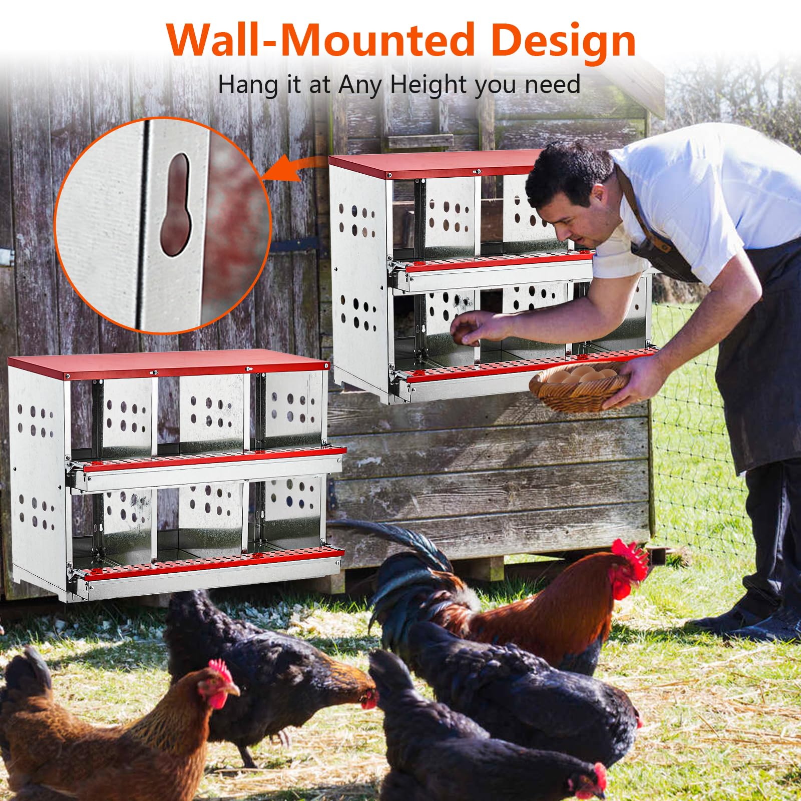 Garvee Nesting Boxes for Chickens, 6 Compartment Roll Out Away Chicken Nesting Boxes for Laying Eggs, Nesting Gift Boxes for Hens Duck Poultry, Metal Heavy Duty Chicken Coop with Perch