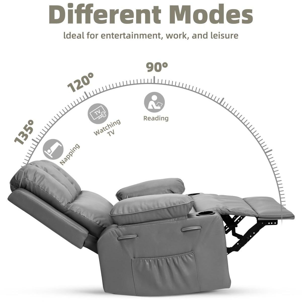 Garvee 22" Widen Rocker Swivel Recliner Chair, Lazy Boy Recliner for Adults, with 1.5X Sponge Filling, Side Pocket, and Cup Holder, for Living Room, Bedroom, and Nursery, Grey