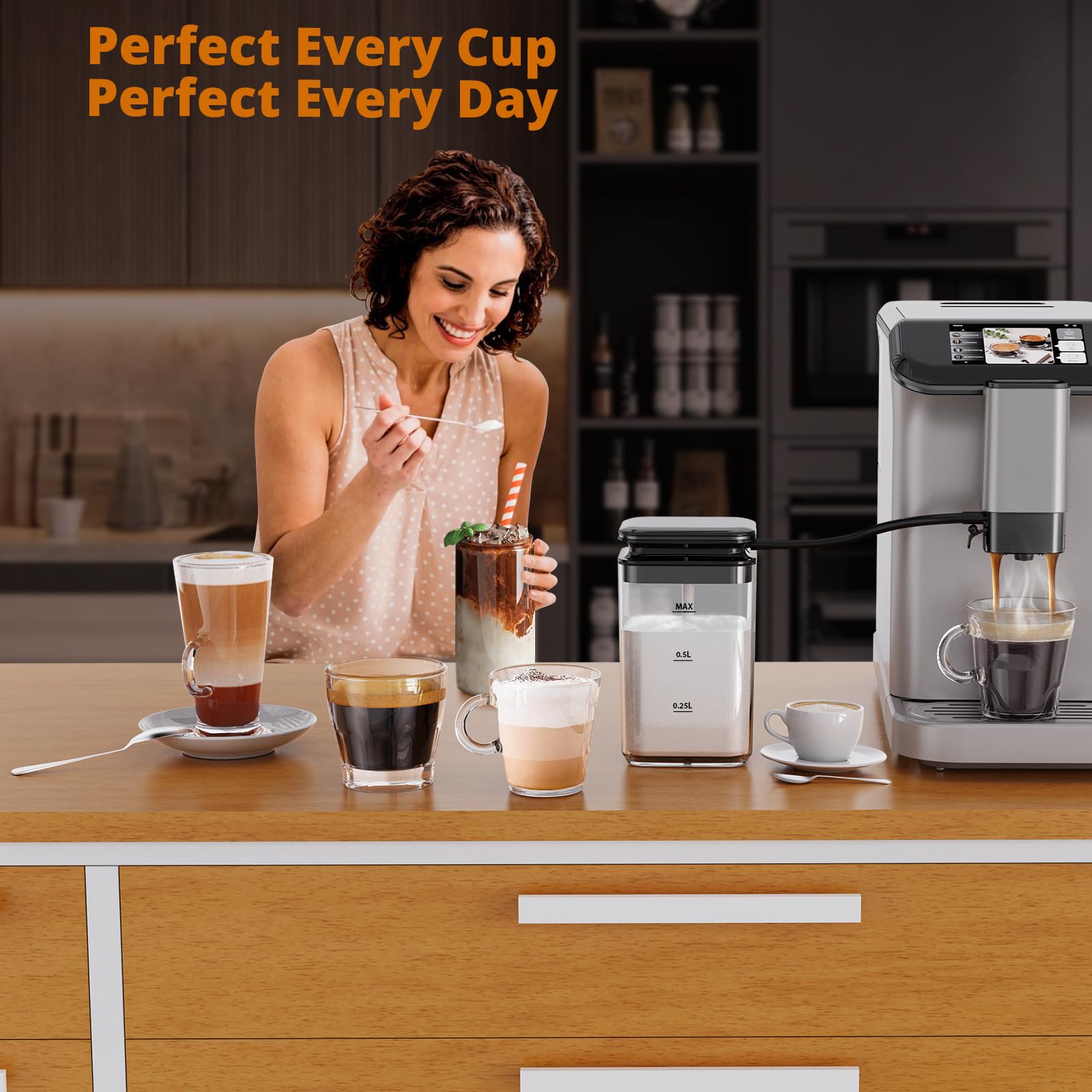 Garvee Fully Auto Espresso Machine - One - Touch, LCD Touch Control Panel，20 - Bar, Auto Milk Froth, Dual Boiler, Compact, Gun Color