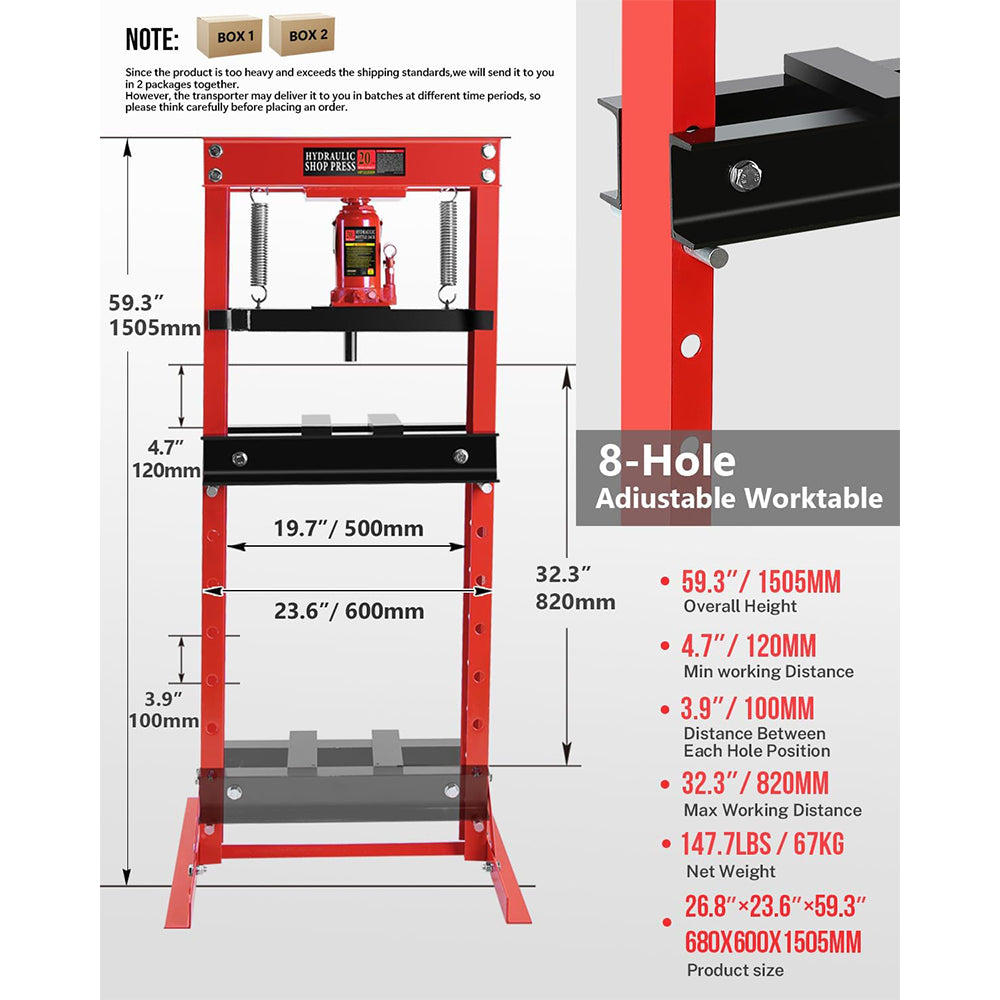 Garvee Hydraulic Press 20 Ton H-Frame Adjustable Shop Press With Stamping Plates For Garage Floor, Black, Heavy Duty