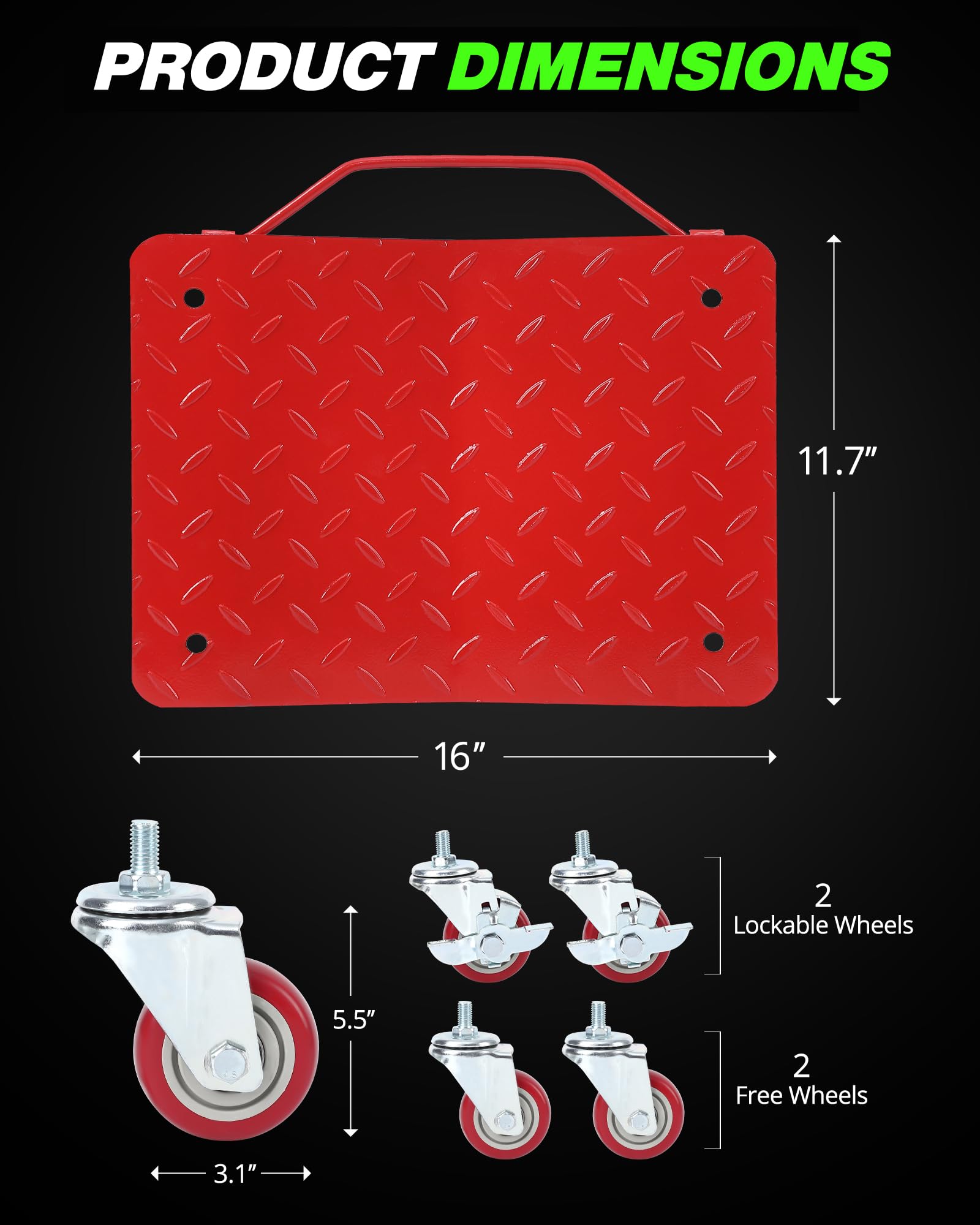 Garvee Car Dolly [Set of 2, 3000 Lbs Capacity], Heavy-Duty Carbon Steel Wheel Dollies with Anti-Skid Plate & 360° Rotatable Wheels, Red