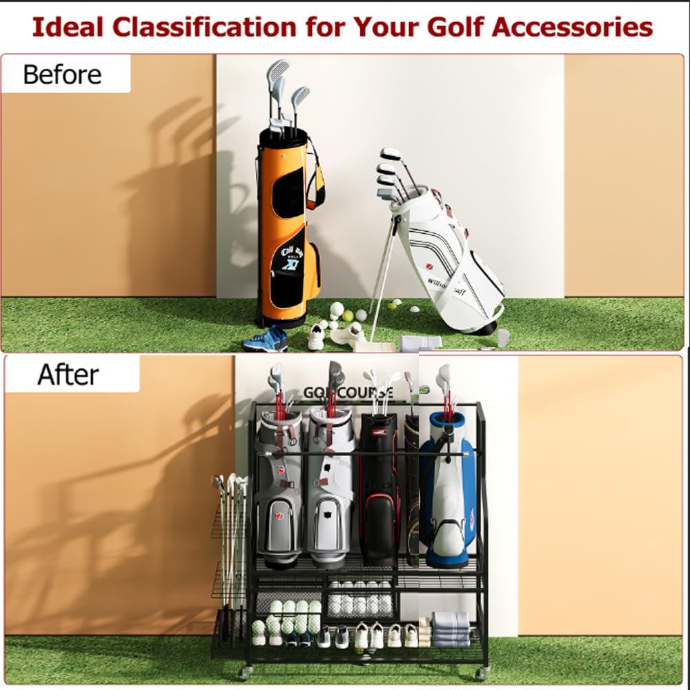 Garvee Golf Bag Storage Garage Organizer,Golf Bag Storage Rack w/Drawer for Golfing Bags, Clubs, Balls, Gadgets, Accessories & Equipment,Golf Bag Stand w/Wheels for Home, Golf Course