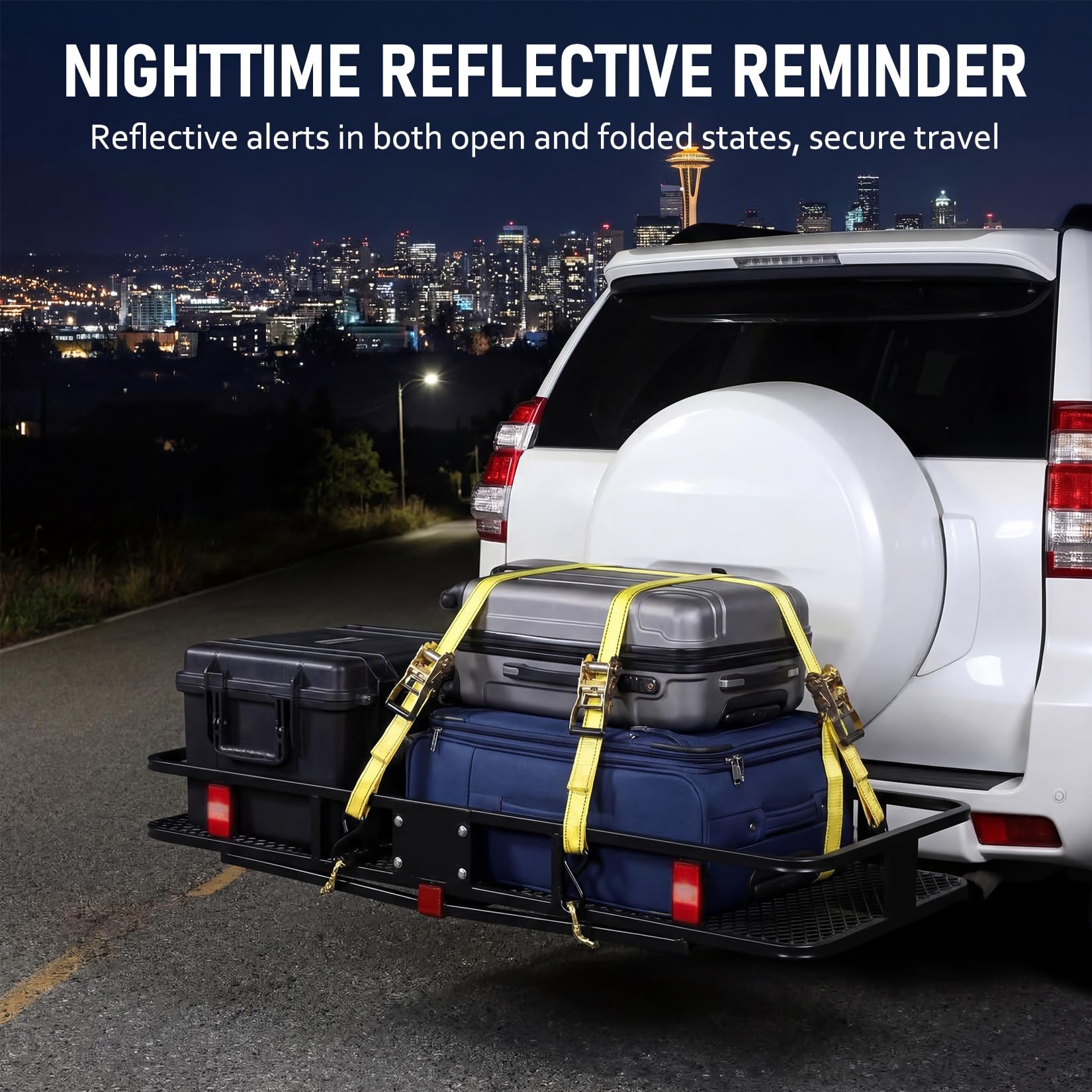 Garvee 70" x 30" Hitch Cargo Carrier, 500 Lbs Heavy Duty Folding Cargo Basket for 2" Receiver, Carbon Steel Rear Hitch Mount Rack with Reflectors, Stabilizer, Ratchet Straps & Locks for SUV Truck Pickup