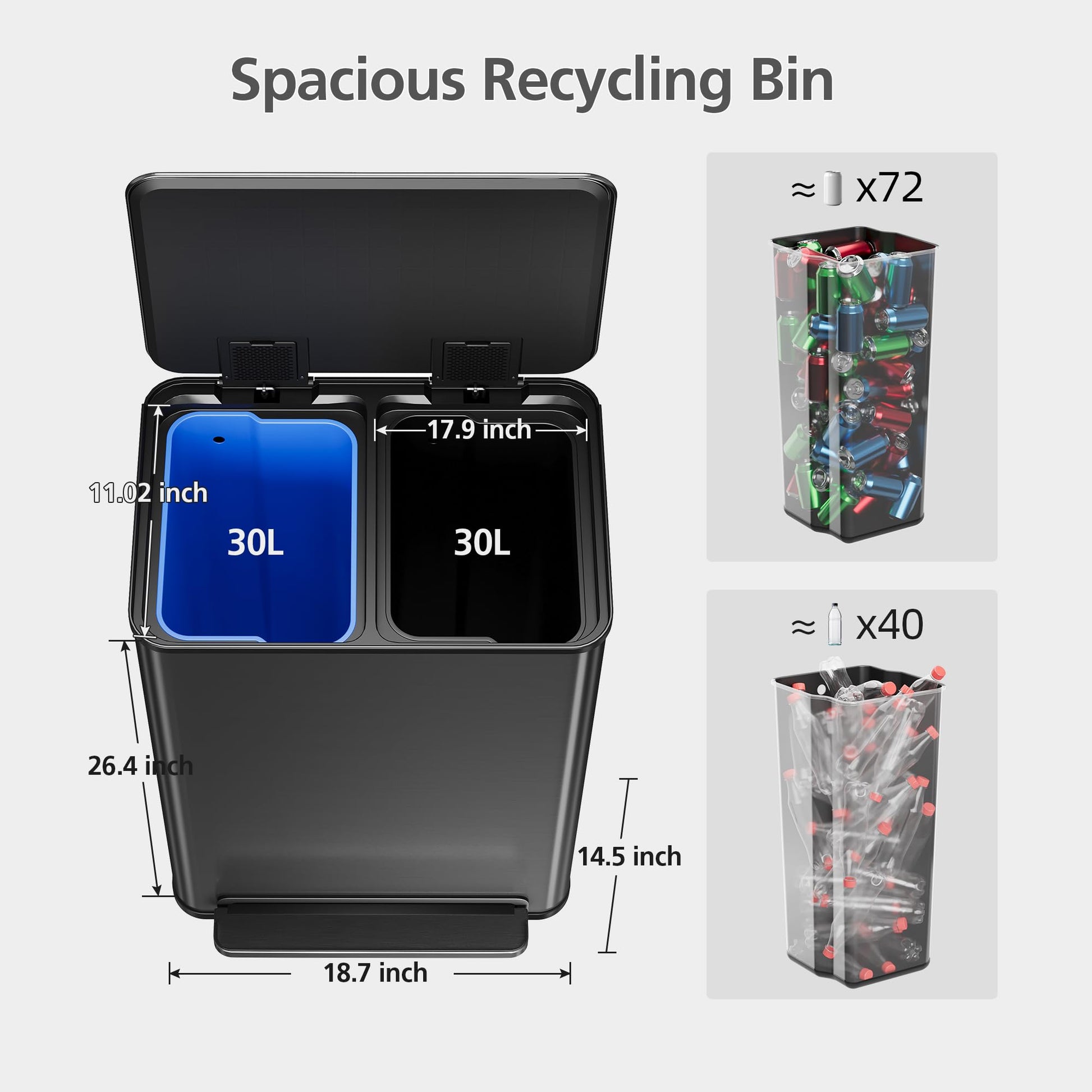 Garvee 16 Gallon Stainless Steel Dual Trash Can with Removable Baskets for Kitchen and Living Room, Black