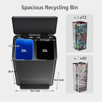 Garvee 16 Gallon Stainless Steel Dual Trash Can with Removable Baskets for Kitchen and Living Room, Black