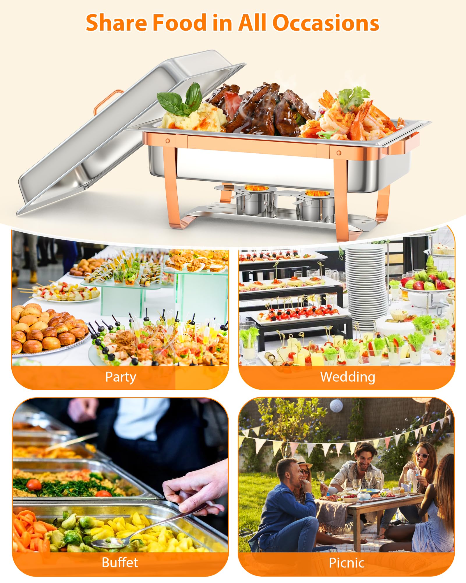 Garvee Chafing Dish for Buffet Set, 6 Packs 8 Qt Chafers and Buffet Warmers Sets with Folding Frame, Spoon & Tweezer for Weddings Parties Banquets Catering Events, Rose Gold