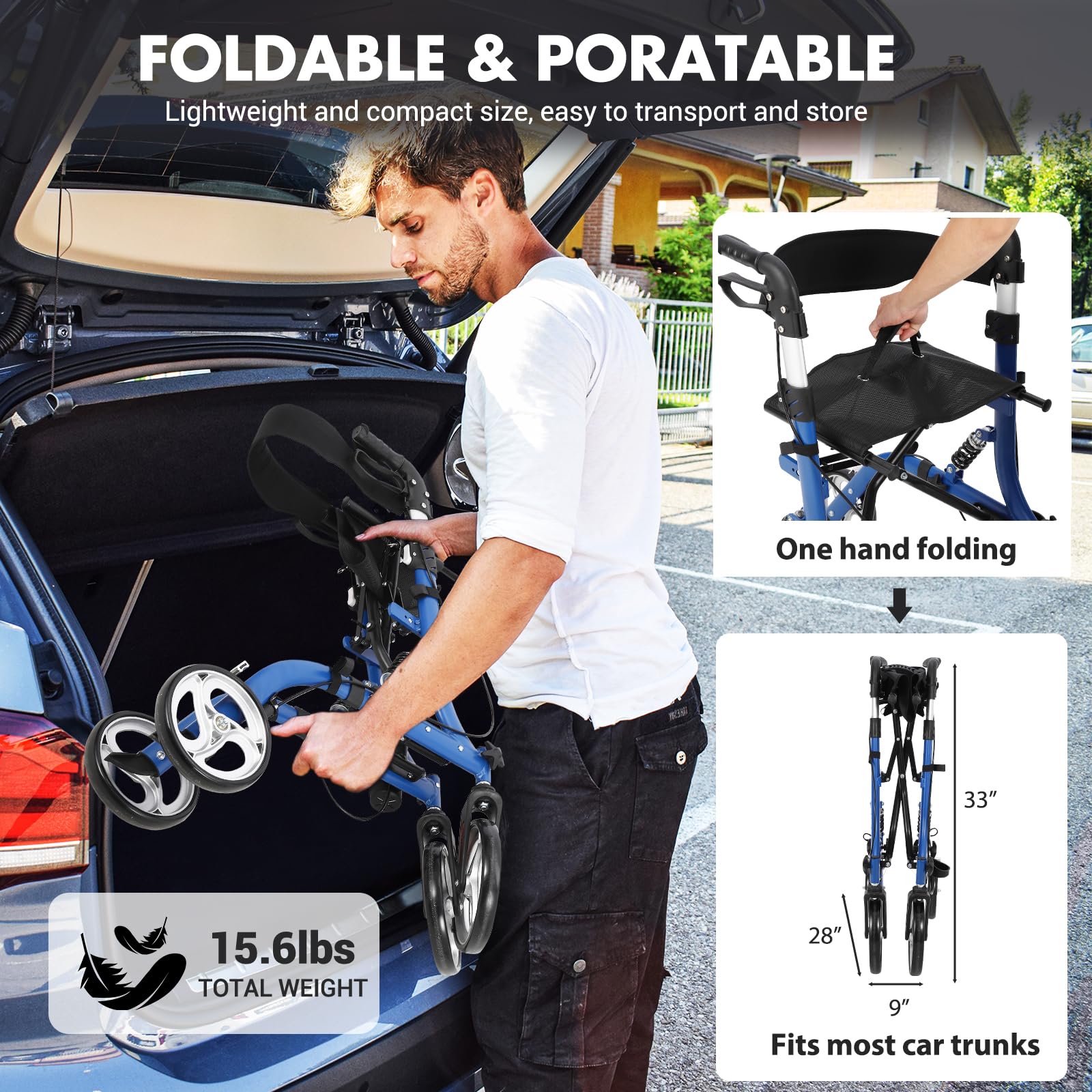 Garvee Rollator Walker for Seniors with Seat & Storage Bag, Shock Absorber, 10" & 8" All-Terrain Rubber Wheels, Lightweight Aluminum Foldable Walker with Backrest, Adjustable Height 34-40", Blue