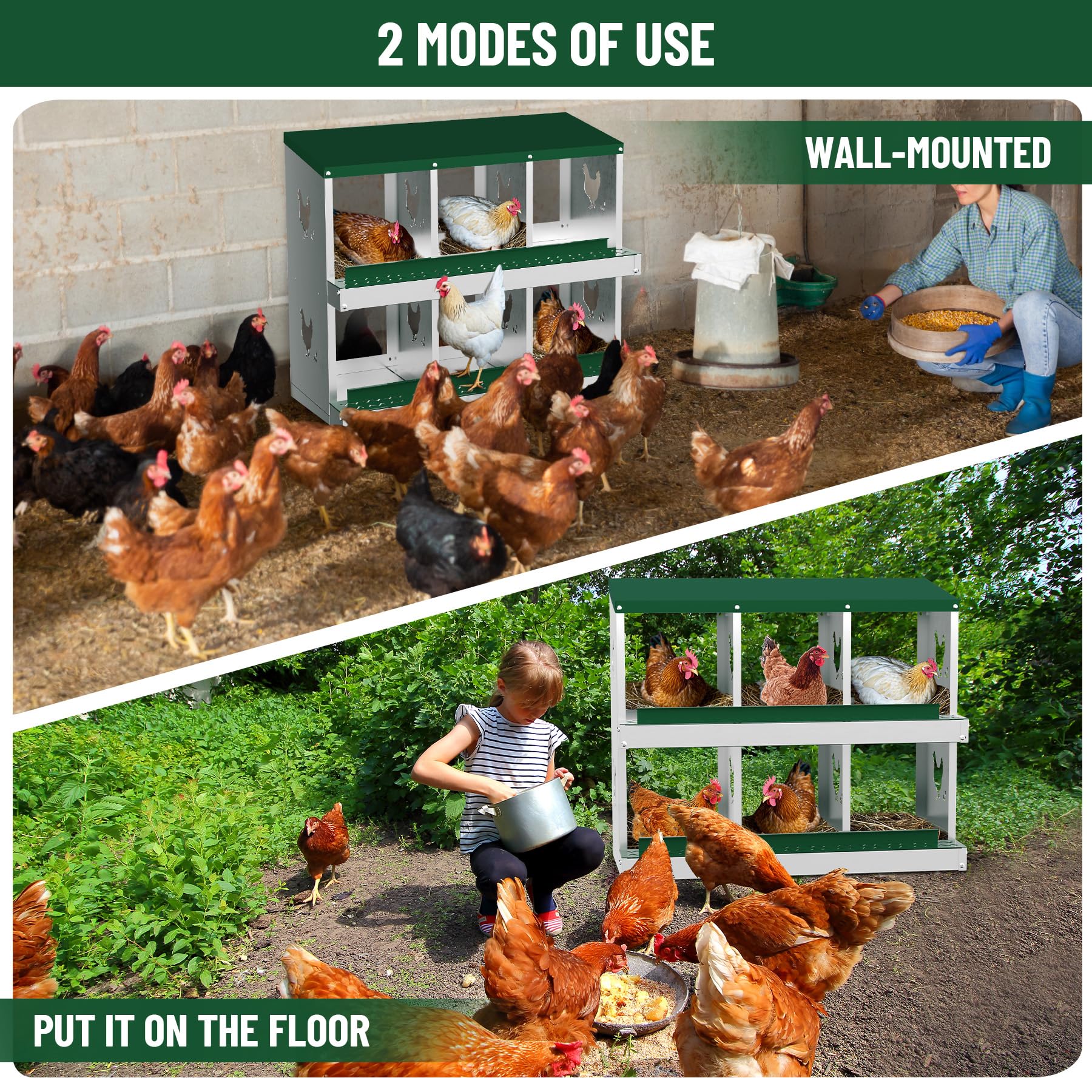 Garvee 6 Compartments Metal Chicken Nesting Boxes, Nesting Boxes, Chicken Laying Box with Roll Out Egg Collection with Vented Holes, Green
