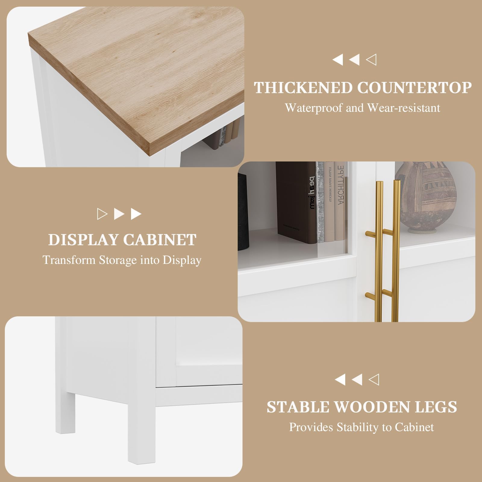 Garvee Sideboard Buffet Cabinet with 4 Glass Doors, 55" Large Buffet Cabinet with Storage, Modern Farmhouse Storage Cabinet Table for Kitchen Dining Room, Living Room , White