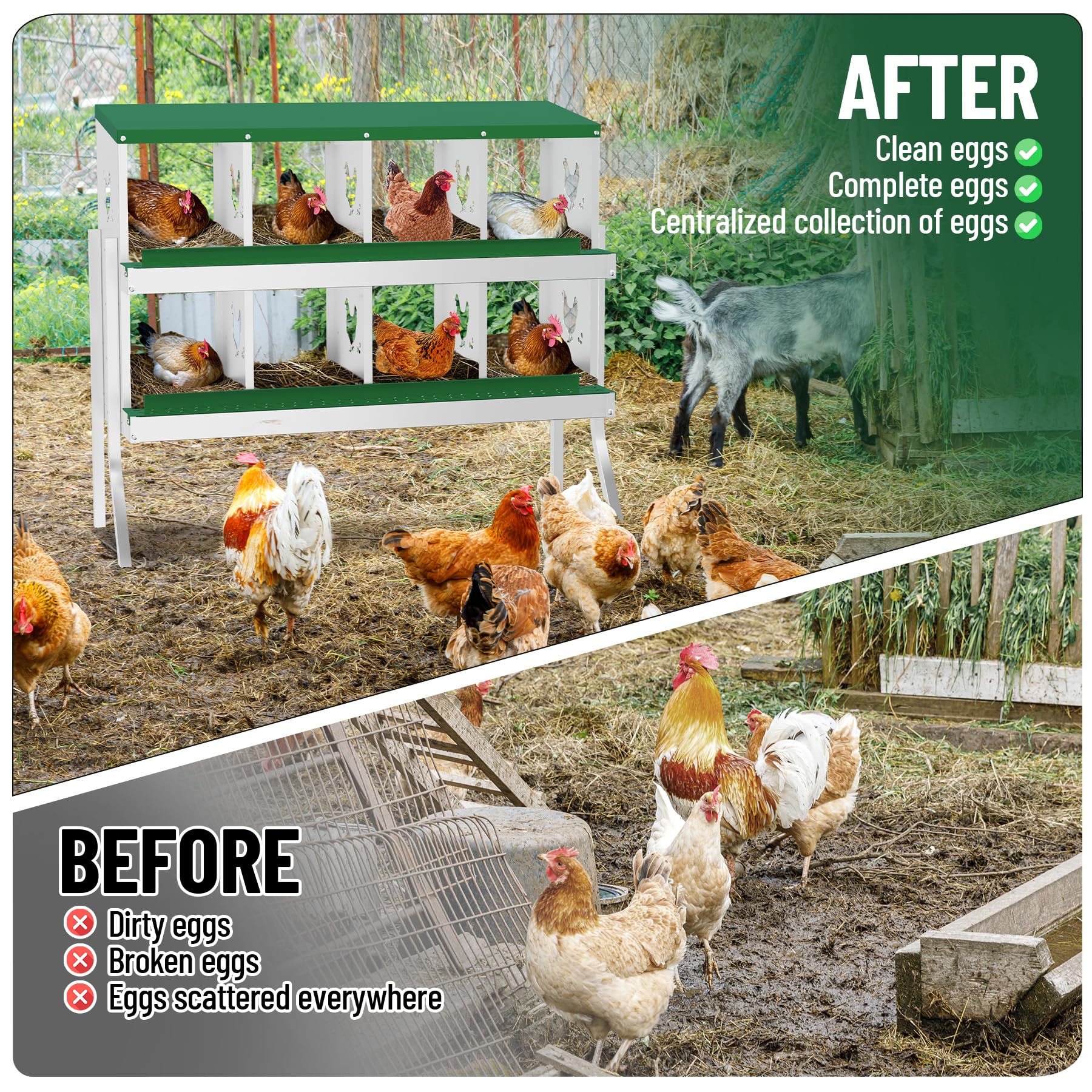 Garvee 8 Compartments Metal Chicken Nesting Boxes, Nesting Boxes with Metal Legs, Chicken Laying Box with Roll Out Egg Collection with Vented Holes