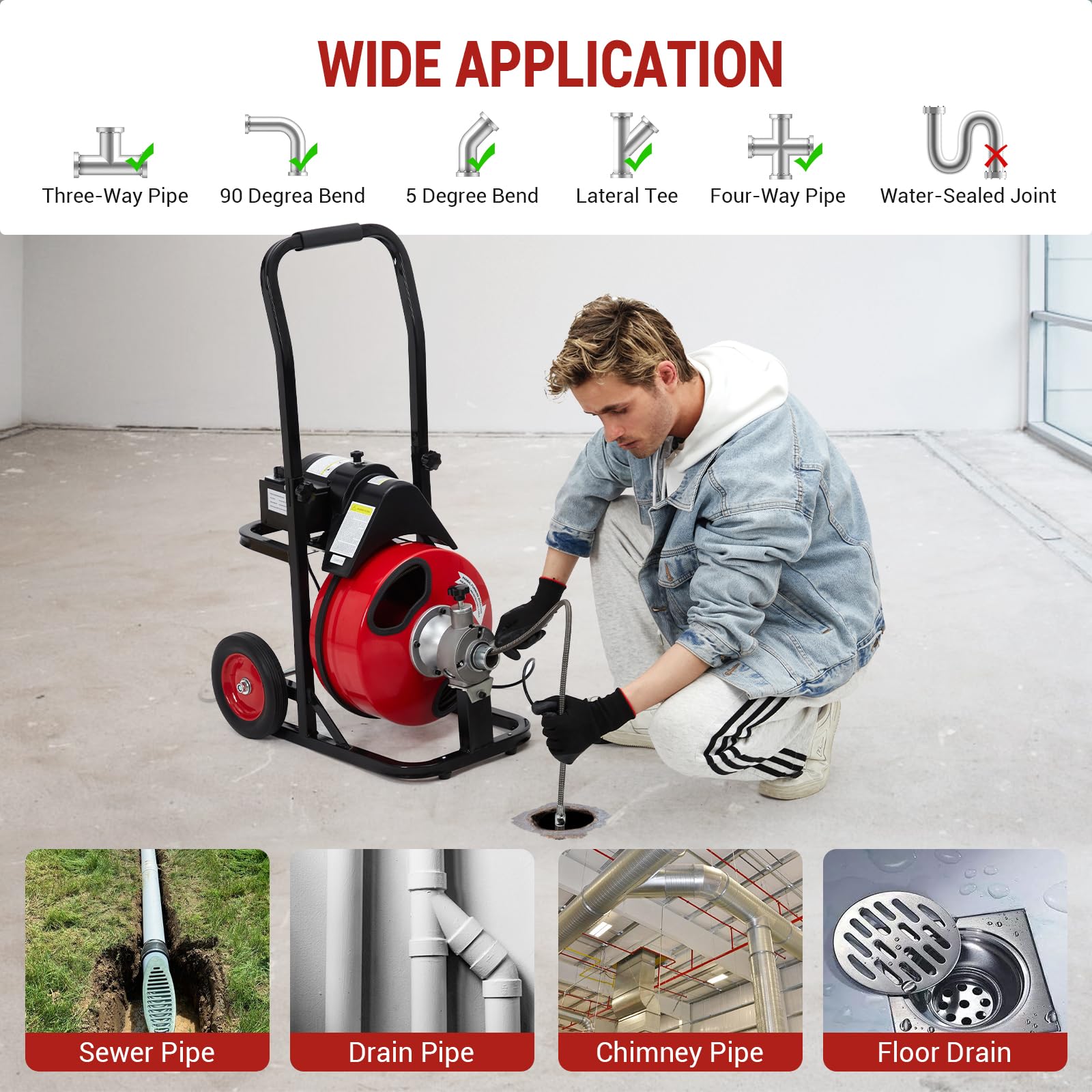 Garvee Auto Feed 100 FT x 1/2 Inch Drain Cleaner Machine with 250W Motor, Portable Sewer Snake Auger with 8 Cutters & Air-activated Foot Switch, Fits 1" to 4" Pipes, Black & Red