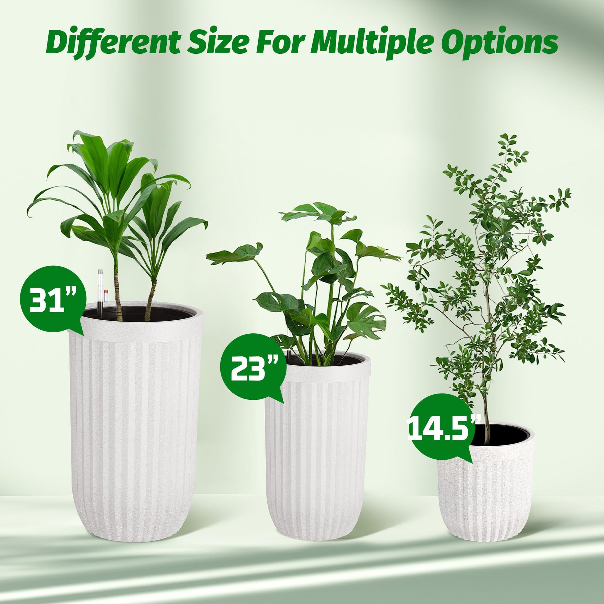 Garvee 14.5 Inch Tall Planters Set of 2 Flower Pots with a Water Level Monitor, Self Watering Insert and Hidden Wheels, Ideal for Living Room, Bedroom Office, Patio, Porch, Garden, White