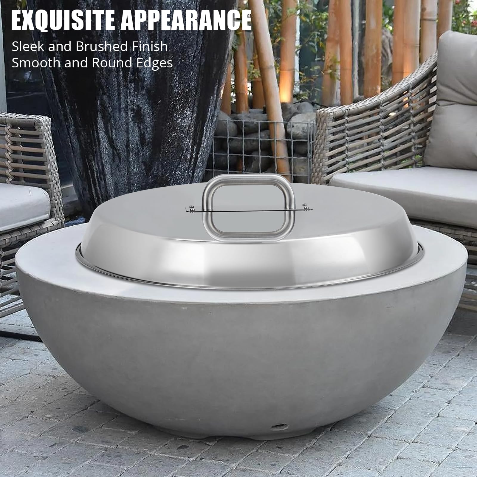 Garvee Fire Pit Cover – 27" Round Stainless Steel with Handle, Compatible with Bonfire, Inset Fire Pit Lid, Outdoor Patio Camping, Silver