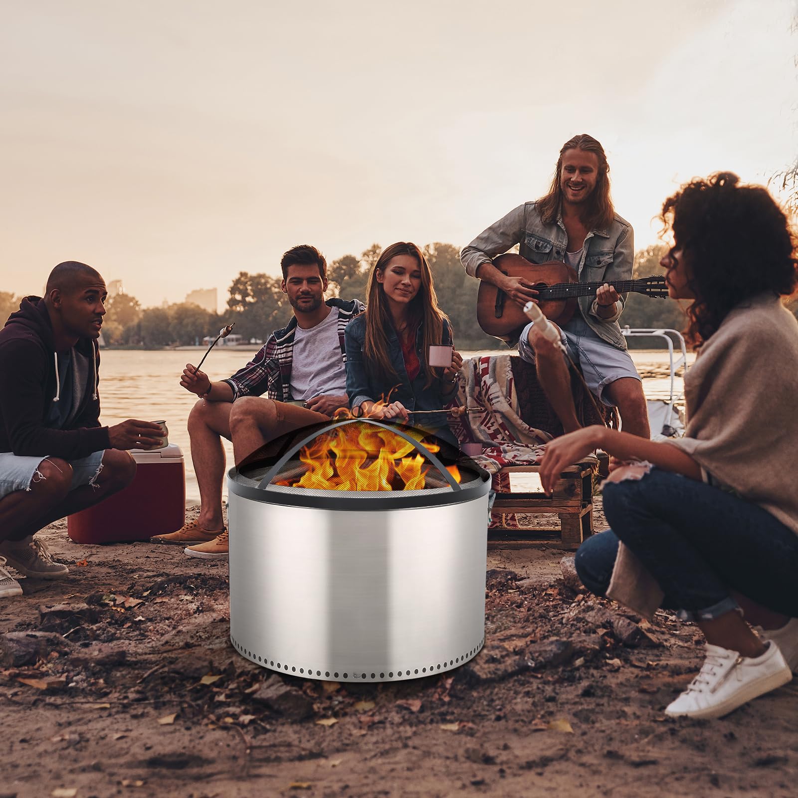 Garvee Fire Pit Spark Screen Cover for Campfires - Easy Lift Stainless Steel, Mesh Protector, Guide Rod Included, Outdoor Patio & Backyard Accessory, Black，30 * 30 * 8.6inch