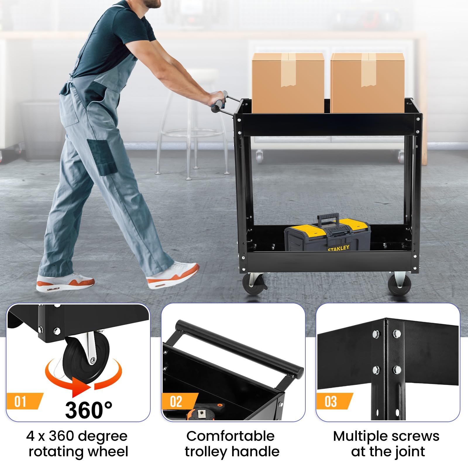 Garvee 2 Tier Rolling Tool Cart,330 Lbs Metal Heavy Duty Utility Cart On Wheels,2 Shelf Steel Utility Cart, Tool Storage Organizer for Mechanic, Garage, Workshop, Warehouse & Repair Shop
