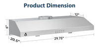Garvee Range Hood 30 inch, 400 CFM Under Cabinet Range Hood with Strong Suction, Stainless Steel Kitchen Hood with 3-Speed Exhaust Fan and Two Bright LED Lights