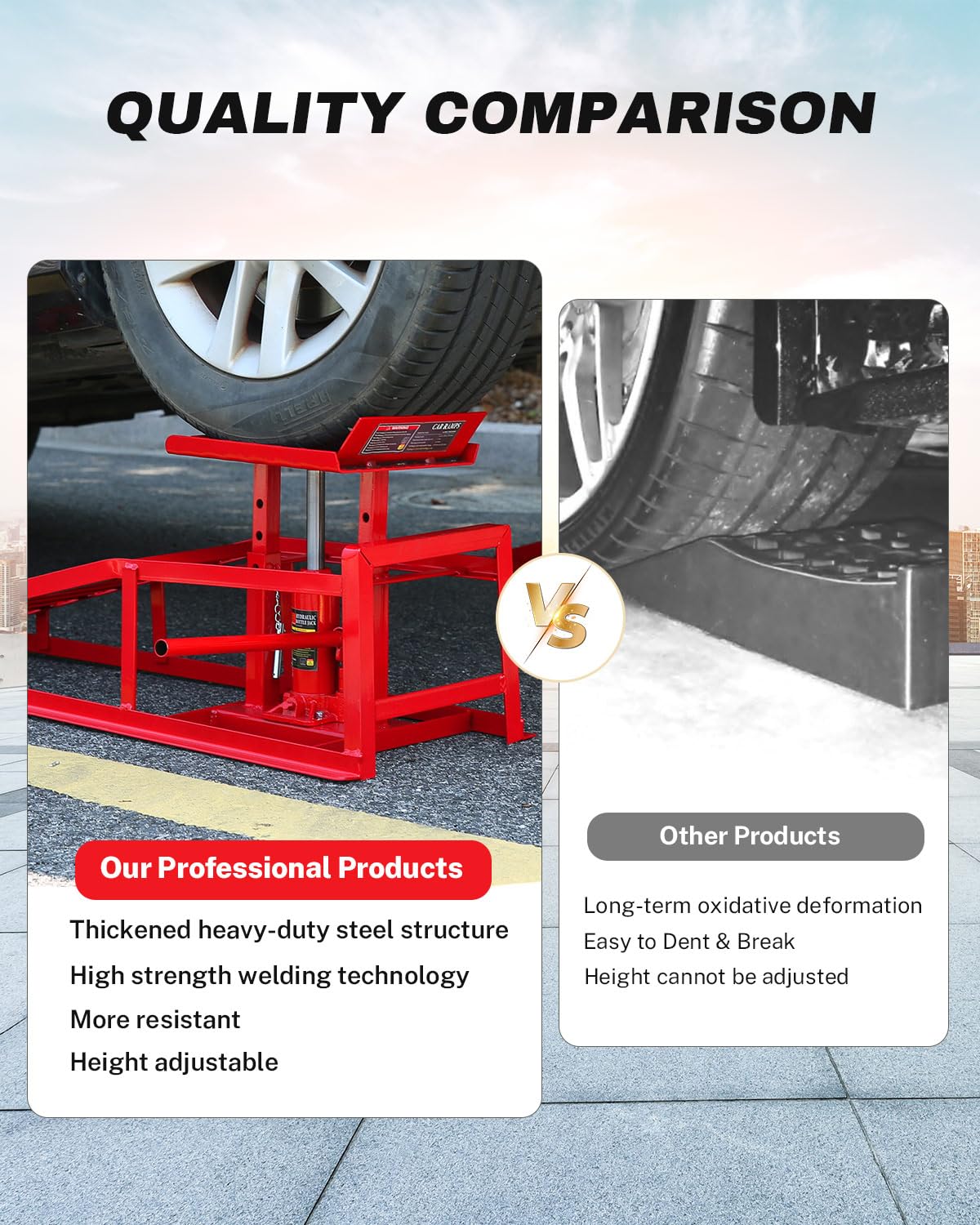 Garvee Hydraulic Car Ramps - 5T Capacity, Adjustable Height (9.3"-14"), Steel with Anti-Slip Plate, Ring Chain Bolt for Cars, SUVs, and Light Trucks, Red