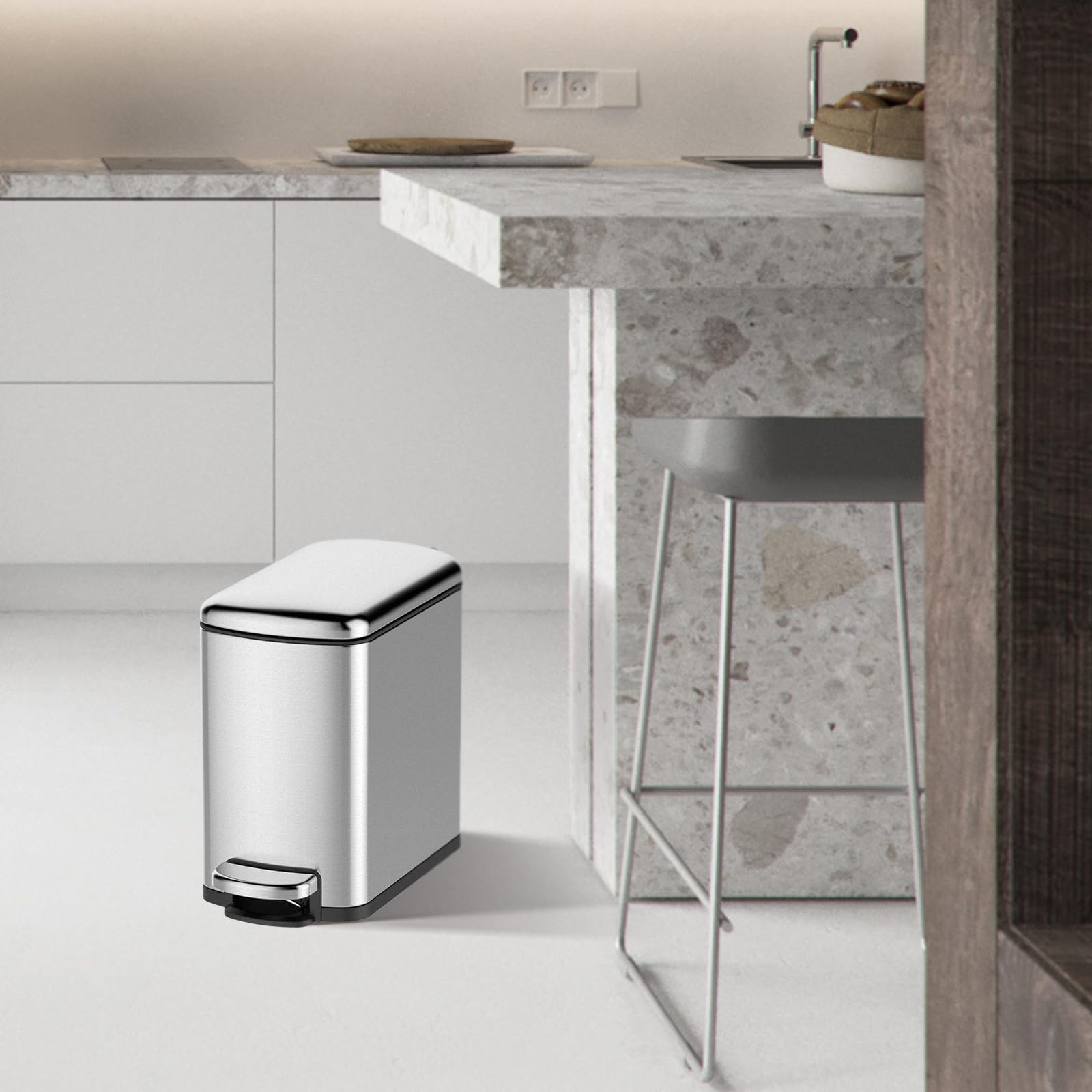 Trash Can Set, 7.9 Gallon & 1.6 Gallon Rectangular Kitchen Waste Bins, Stainless Steel with Soft-Close Lid & Step-On Pedal, 30L & 6L for Kitchen & Bathroom