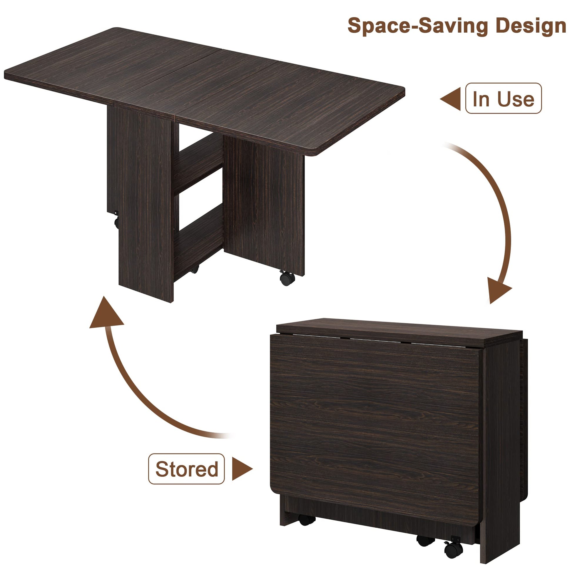 Garvee 51.1" Folding Dining Table, Drop Leaf Dining Table for 4, Foldable Kitchen Table with 2 Storage Shelf, 6 Wheels, Movable Space Saving Dining Tables for Small Spaces, Dark Walnut, Large