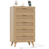 Garvee 5 Drawer Dresser for Bedroom, Rattan Chest of Drawers with Deep Drawers, Large Modern Double Dresser for Closet with Wide Top, Horizontal Wooden Dresser for Living Room, Hallway, Kids Room, Natural - Natural