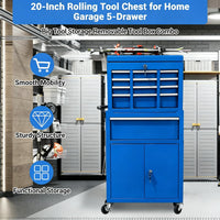 Garvee 20 Inch Heavy-Duty Tool Chest with 5 Drawers, Rolling Tool Box Cabinet on Wheels, 2-in-1 Detachable Tool Storage Organizer for Garage, Workshop, and Home Improvement, Locking Steel Tool Cart with Top Tool Box, Blue