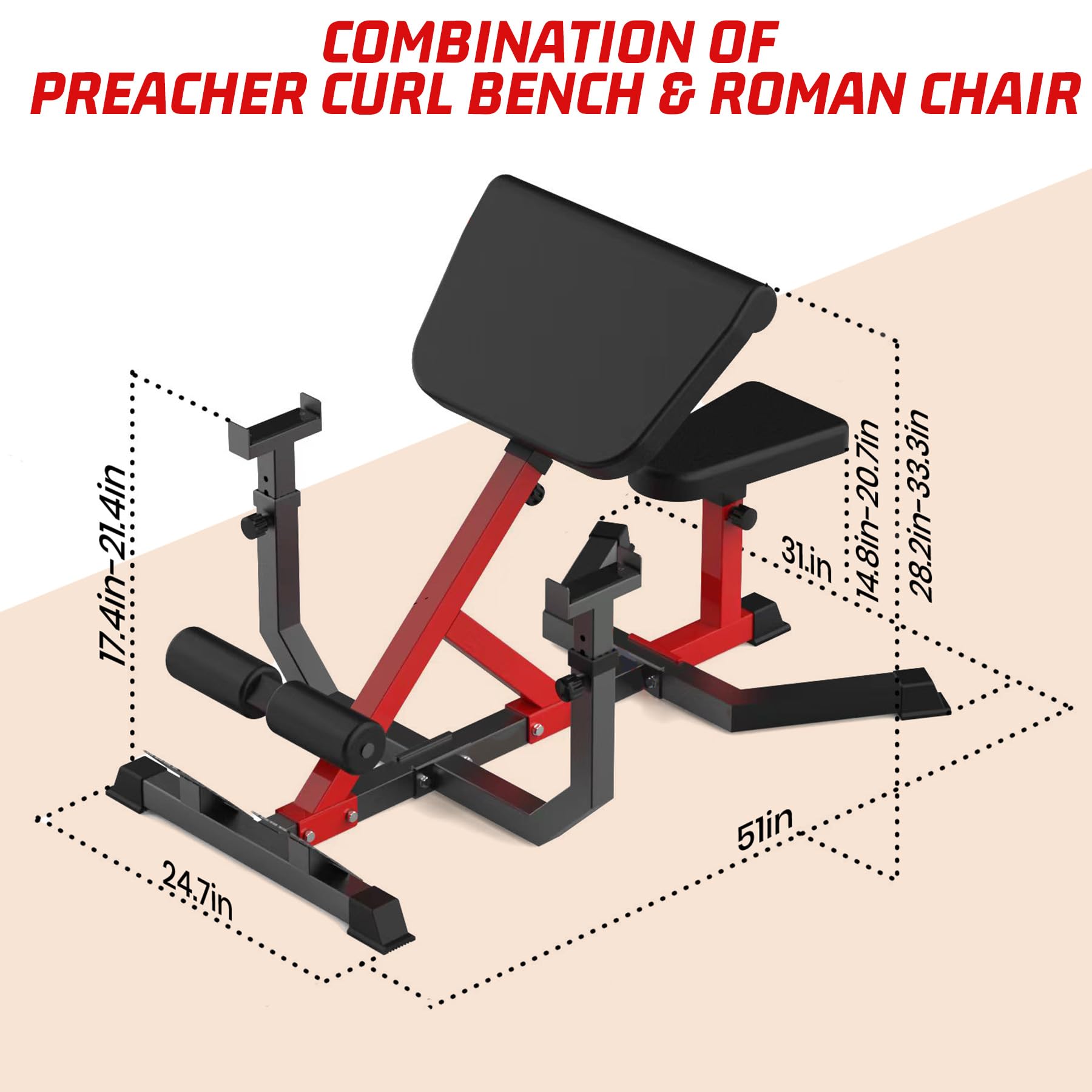 Garvee 2-In-1 Roman Chair & Preacher Curl Bench Multi-Function Heavy-Duty Hyperextension Bench for Home With Adjustable Height for Arms, Ab, Back, Glute & Leg Extension Exercise Equipment, Red