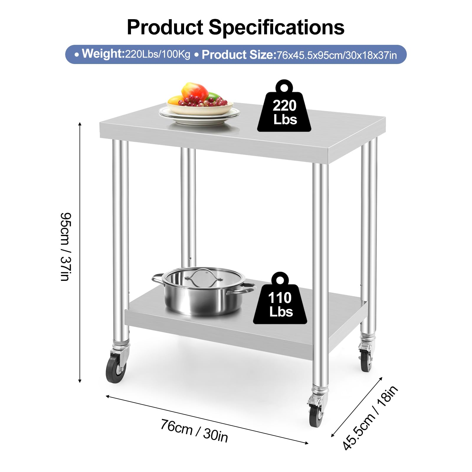 GARVEE 30"L x 18"W x 37"H Stainless Steel Work Table with Caster Wheels - Heavy-Duty Food Prep Table with Adjustable Undershelf for Kitchen, Laundry, and Hotel Use