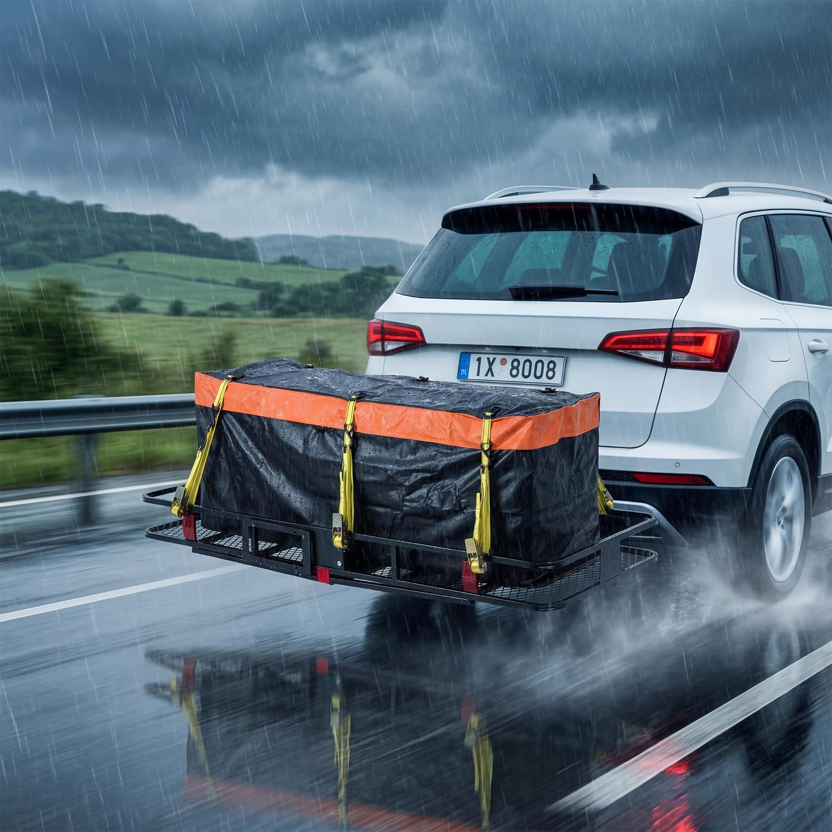 Garvee 70" x 30" Hitch Cargo Carrier, 500 Lbs Heavy Duty Folding Cargo Basket for 2" Receiver, Carbon Steel Rear Hitch Mount Rack with Reflectors, Stabilizer, Ratchet Straps & Locks for SUV Truck Pickup