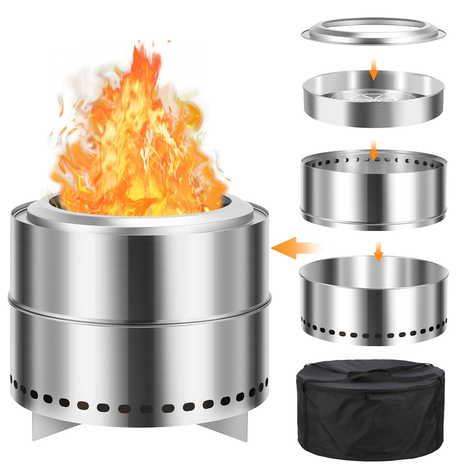 Garvee 20" Portable Smokeless Wood Burning Firepit with Stand Stainless Steel Bonfire Fire Pit for Camping & Picnic, Carry Bag, Split Structure