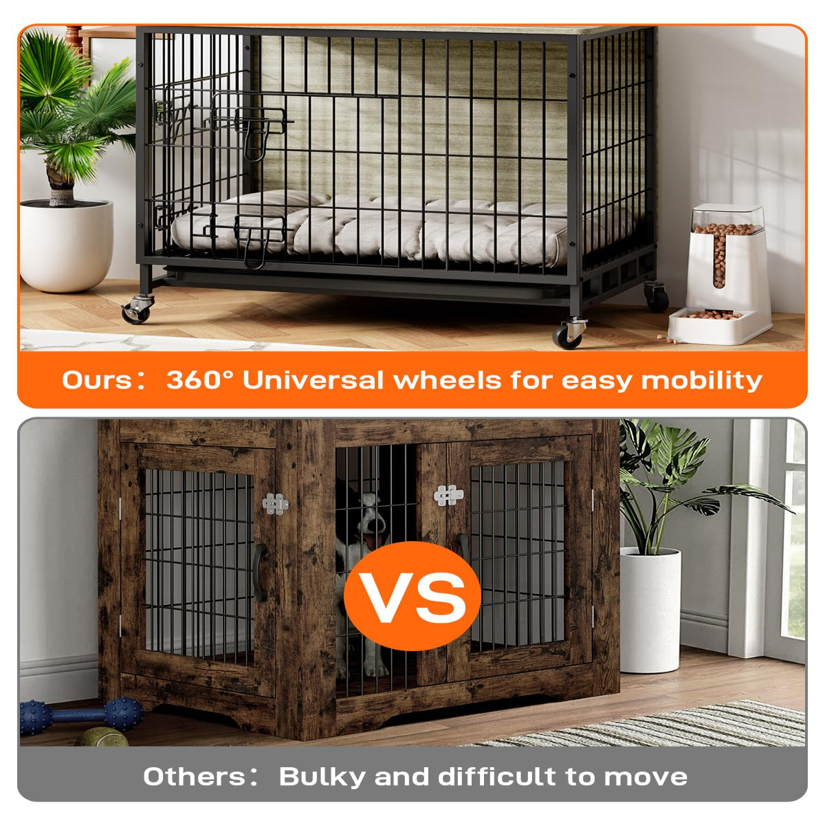Garvee Dog Crate Furniture, 38.6" Dog Kennel Indoor Double Doors Wooden Dog Cage Crate with Pull-Out Tray & Removable Wheels, Decorative End Table Pet House Chew-Resistant for Large Dog, Grey