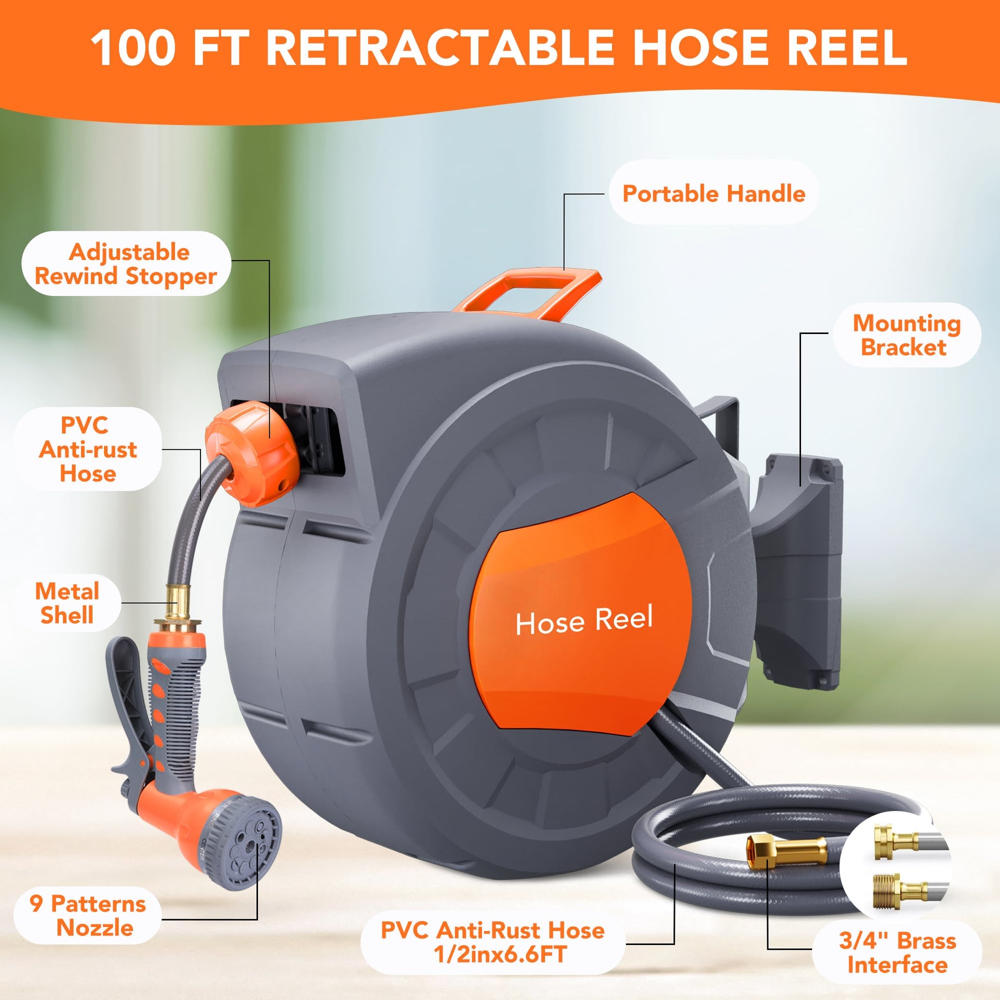 Garvee 1/2 in × 100 ft Retractable Garden Hose Reel, Wall Mount Auto Rewind, 9-Pattern Nozzle