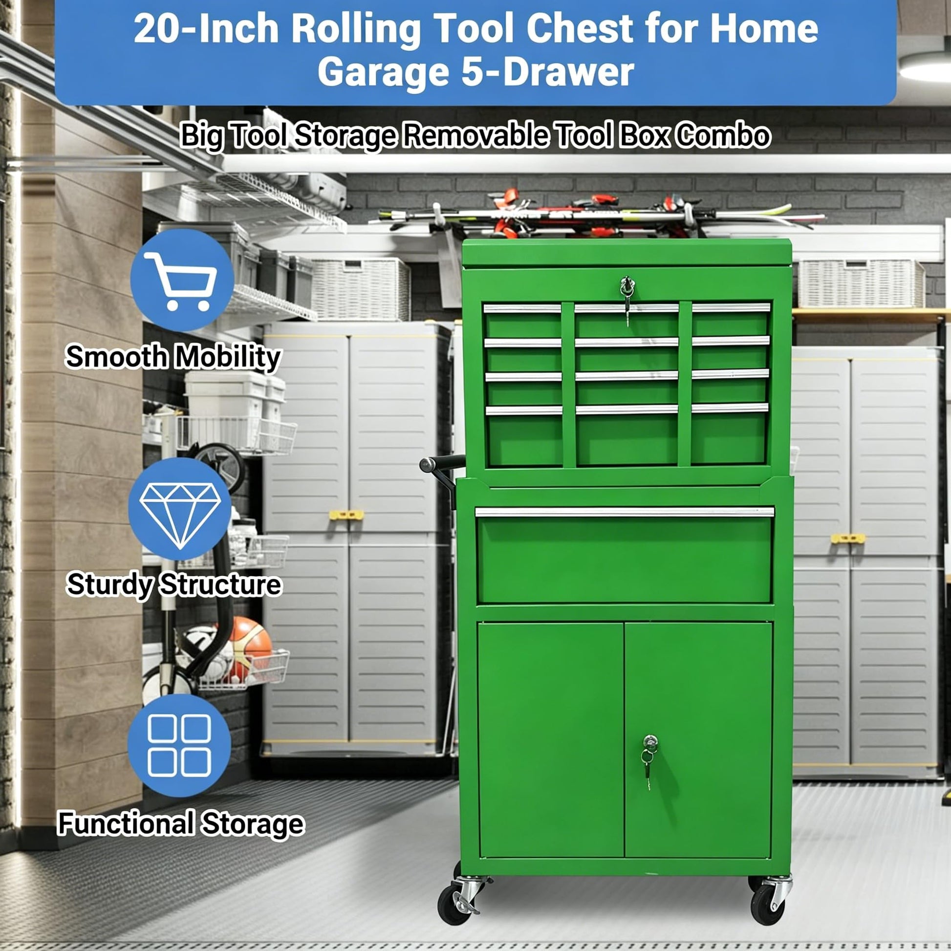 Garvee 20 Inch Heavy-Duty Tool Chest with 5 Drawers, Rolling Tool Box Cabinet on Wheels, 2-in-1 Detachable Tool Storage Organizer for Garage, Workshop, and Home Improvement, Locking Steel Tool Cart with Top Tool Box, Green