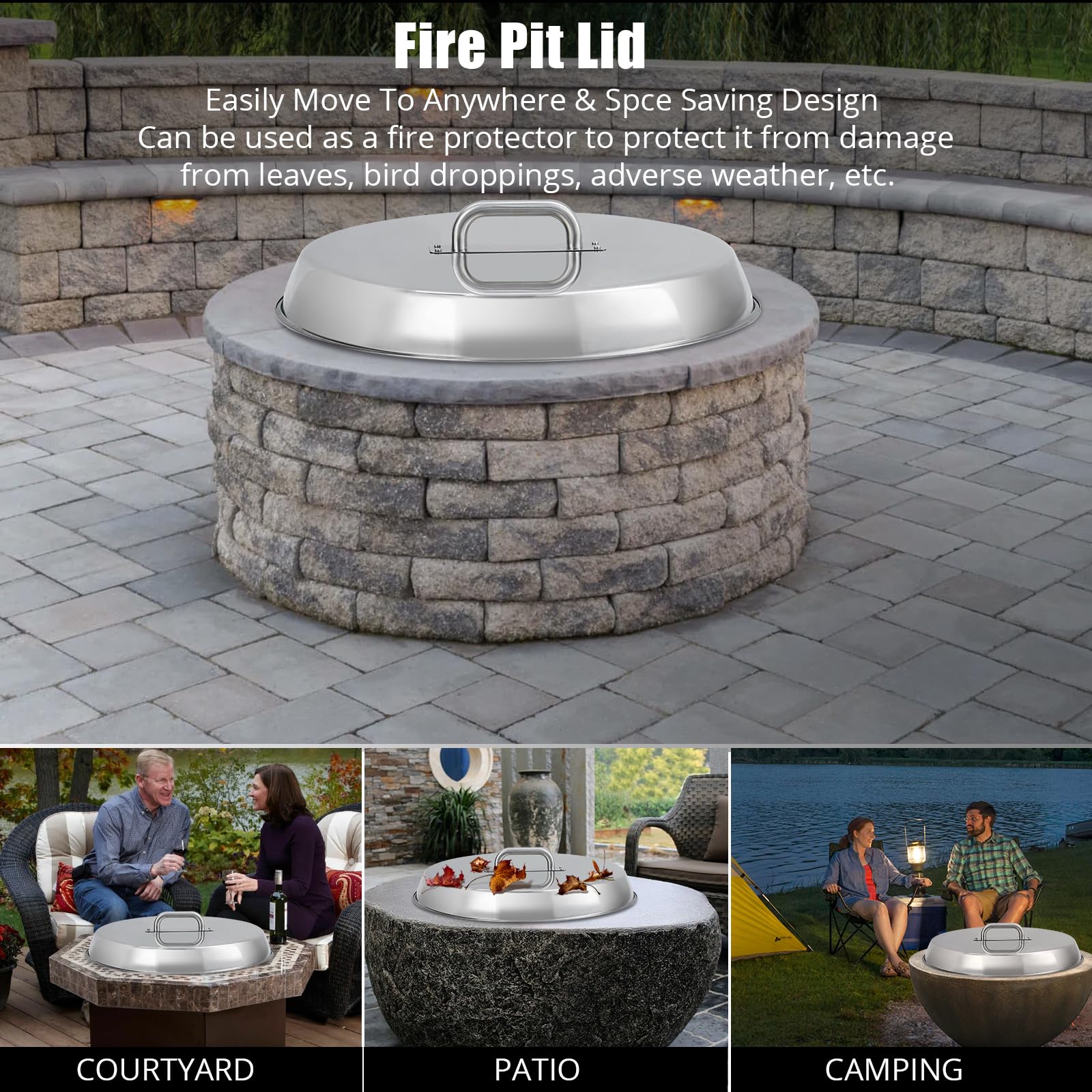 Garvee Fire Pit Cover – 27" Round Stainless Steel with Handle, Compatible with Bonfire, Inset Fire Pit Lid, Outdoor Patio Camping, Silver