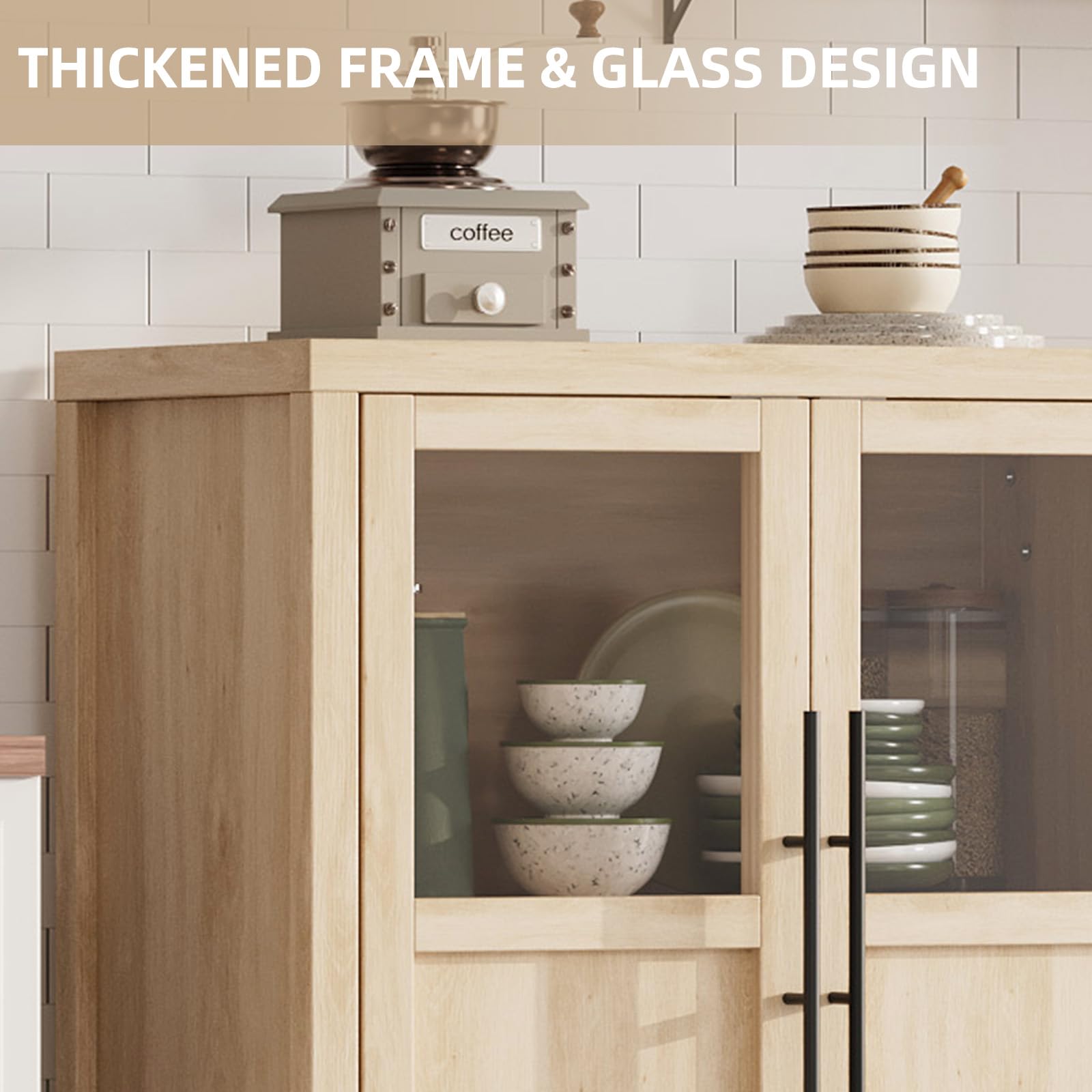 Garvee Sideboard Buffet Cabinet with Glass Doors, 29" Large Buffet Cabinet with Storage, Modern Farmhouse Storage Cabinet Table for Kitchen Dining Room, Living Room(Glass with 2 Door, Pear Wood)