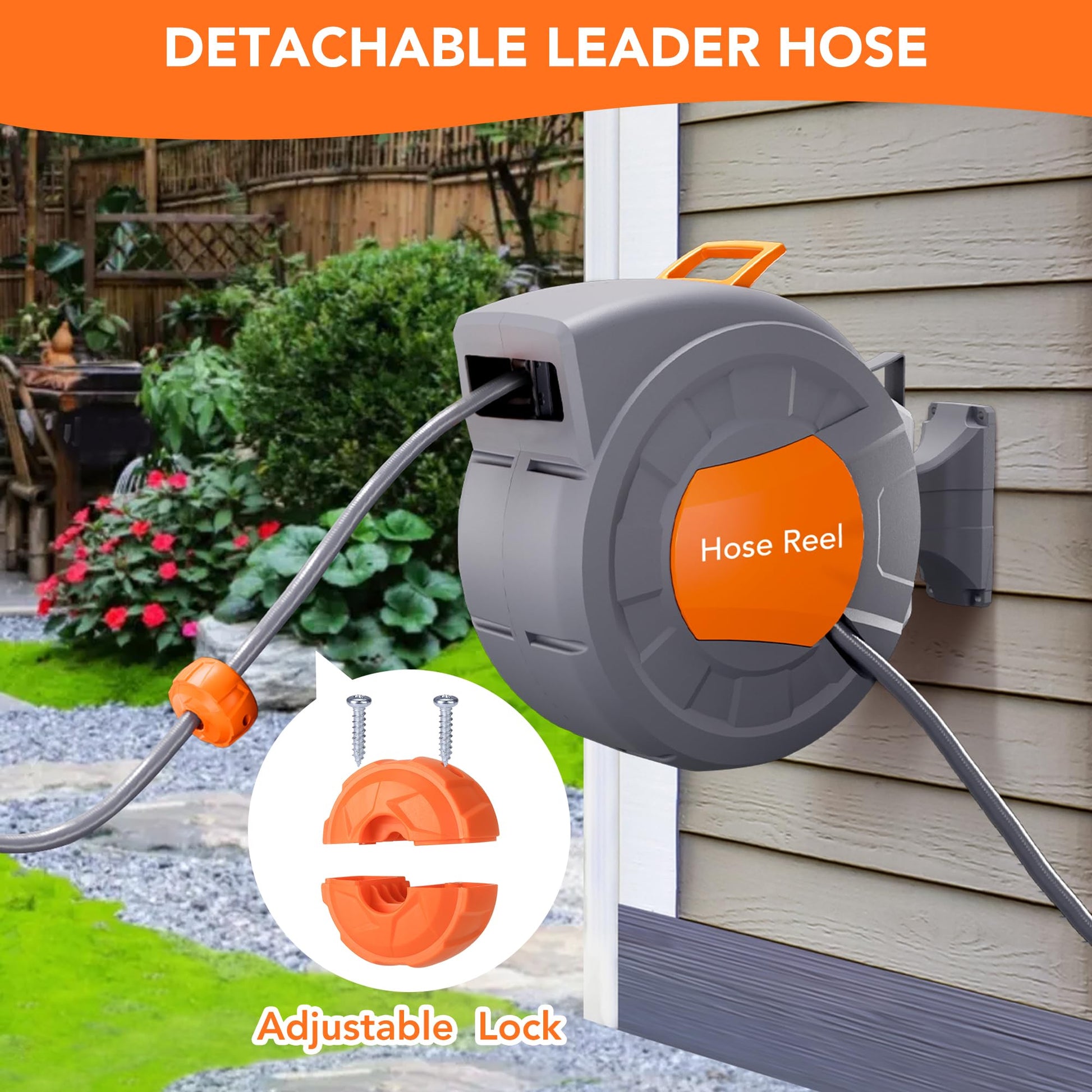 Garvee 1/2 in × 100 ft Retractable Garden Hose Reel, Wall Mount Auto Rewind, 9-Pattern Nozzle